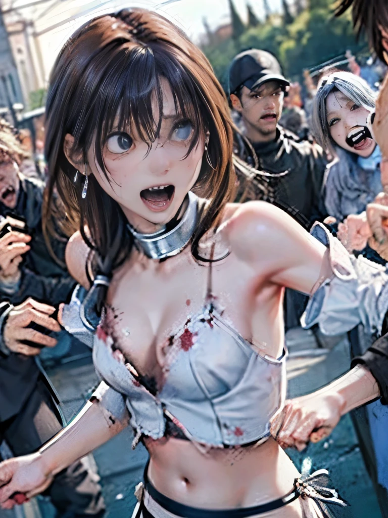 Best Quality、torture、slave、Constraints、BDSM、Captured by a zombie、Surrounded by zombies、defeat、Beautiful woman with very long purple hair、Full of wounds、White Armor(Small breasts、Cleavage、Off the shoulder、Sleeveless、No elbow pads、belly button、High Leg、Exposed thighs)、White Armorのブーツ、Tears overflow、Frightened expression、run away、Attacked by zombies 1:5、Many violent zombies 1:5、The zombie grabs his arm. Zombie attacks from behind、Zombie grabs leg、Zombie Swarm 1:5、darkness、Different world、Dark fantasy、Pitch Black Hell