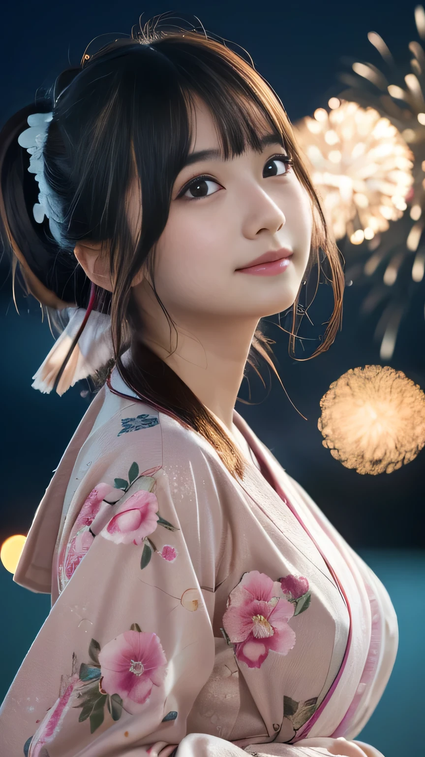 ((masterpiece, Best Quality, High resolution)), Japanese girl、(Realistic: 1.4), A shy smile、Great face,Glossy lips、age 15 Ponytail、(Beautiful Hair:1.5), Floral Yukata、Long sleeve、Flower Hair Ornaments、Beautiful body、Beautiful breasts、Beautiful legs、Being on the beach、Fireworks at night、Looking up at the fireworks、Watching fireworks、Angle from below, , Highly detailed CG composite 8K wallpaper, High resolution RAW color photos, Professional photography, Light, BackLight, Impressive, Written boundary depth, (Face close-up:1.4)