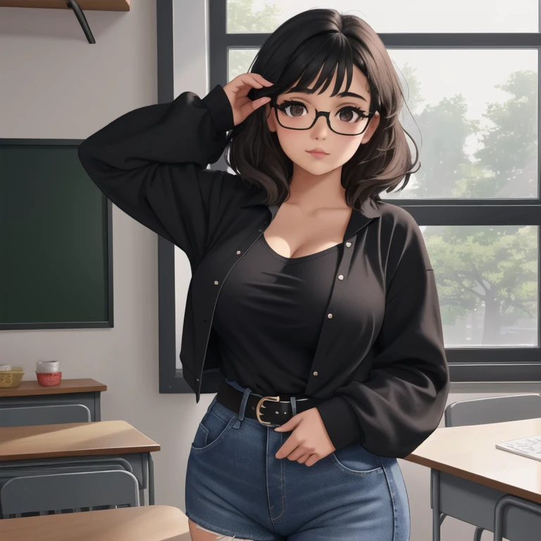 1girl, cute college professor, ite, intimidated expression, wearing a tight shirt and miniskirt, fit body, full body, in a classroom, curly hair and wearing glasses, sunny day, hyper detailed, intricate detail, cinematic 