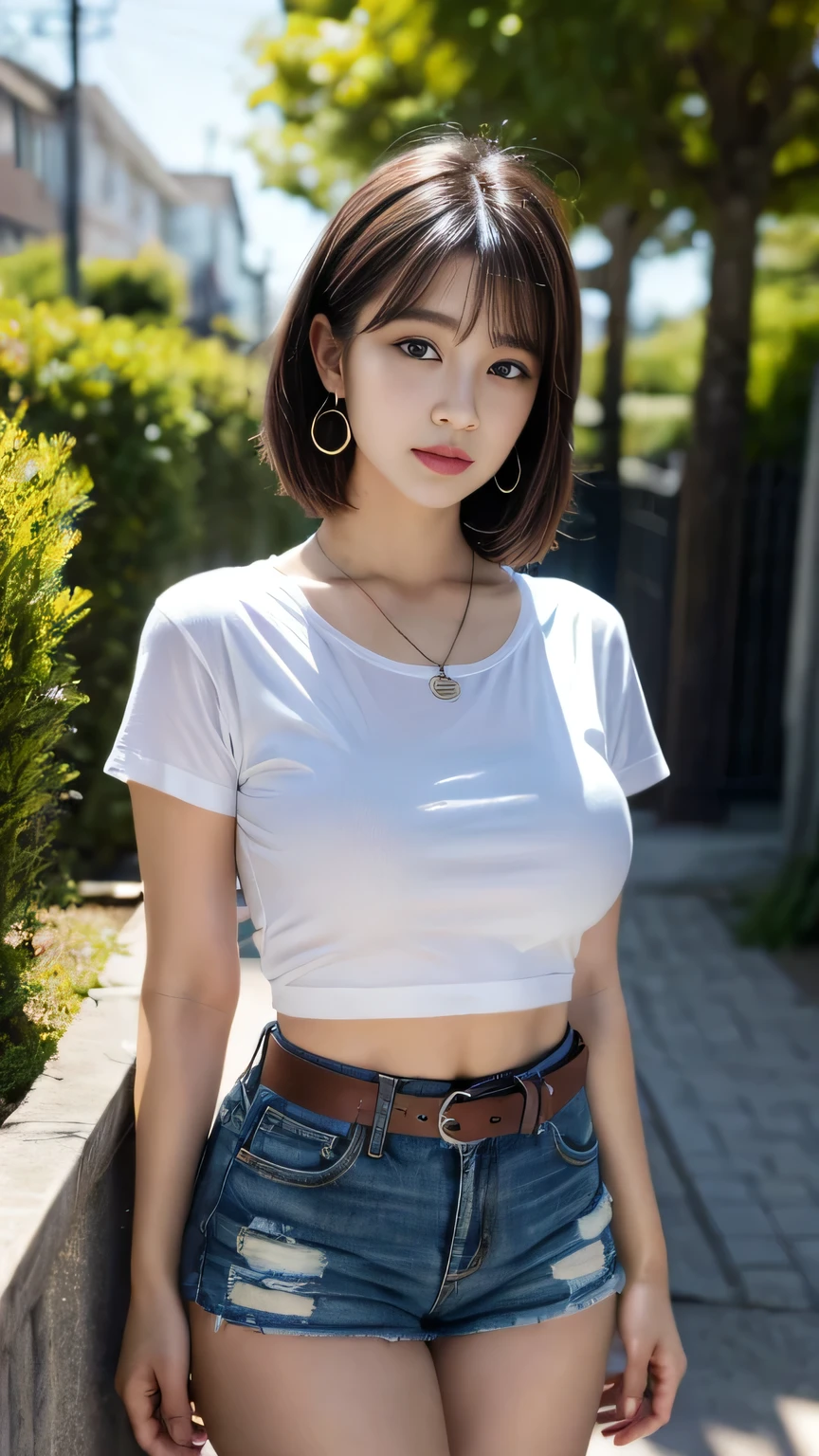 8K, masterpiece, best quality, photorealistic, ultra-detailed, 1 girl, athletic body, realistic skin texture, medium breasts, gaze at viewer, smile, cropped shirt, skinny T-shirt, tank top, underboobs, under boobs, micro mini skirt, hot pants, shorts, movie lighting, face focus, fine eyes, detailed face, well lit face, day light, outdoor, trees in background, low angle shot, view from below, hand behind head