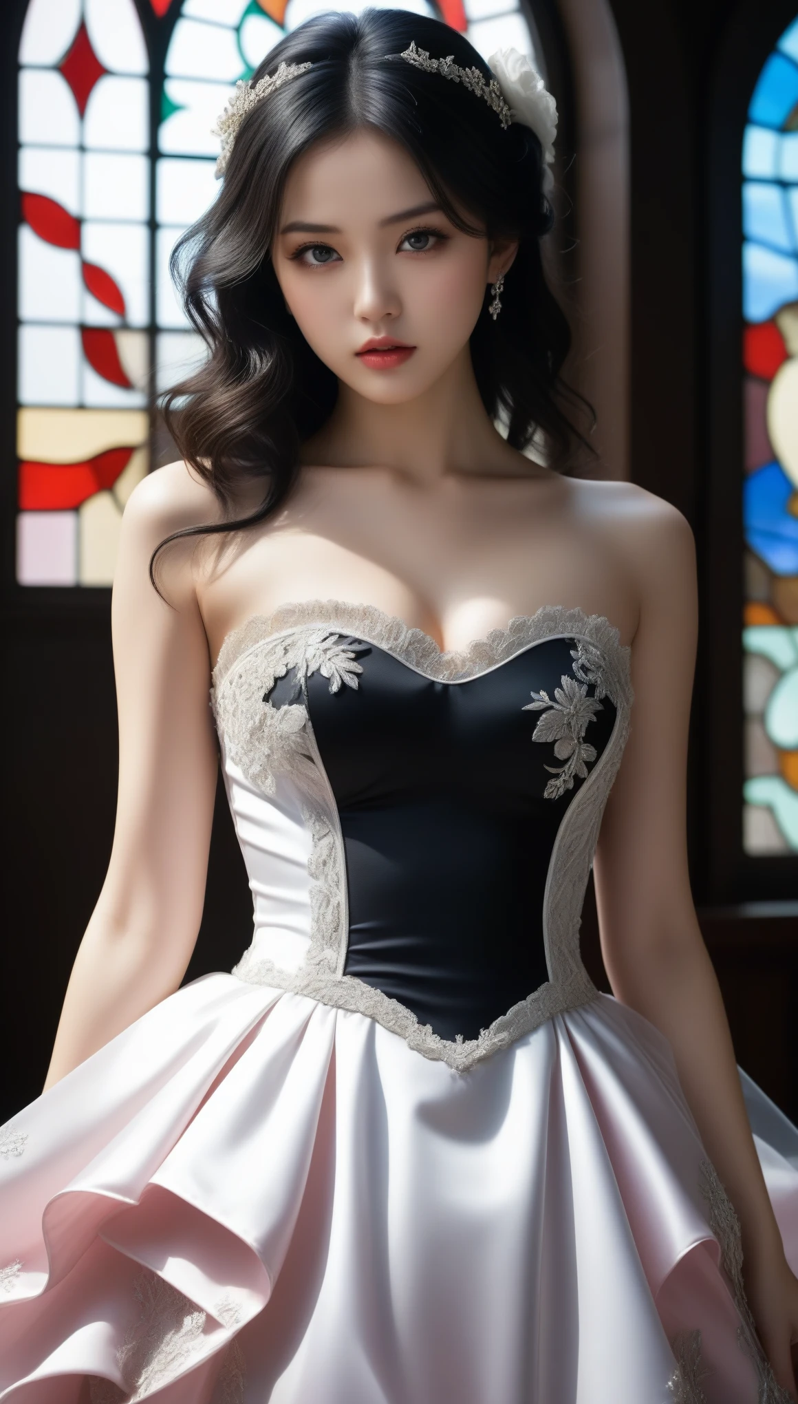 8k, Ultra-high resolution, Best Quality, masterpiece, 三分割法によるphotograph,Surreal, photograph, 1 , (Girl:1.3), cute, cute顔, 細部までBeautiful Eyes, 細かくdetailedに,masterpiece,一人Girl:1.2,Japanese women,princess,upper body,glaring,Black hair,Curl outward hair,ID photo,future,Brutal Cyberpunk Woman,Luxurious and gorgeous,church,Stained Glass,((Rococo wedding dress:1.5)),Overly decorative fashion,Lavish Decoration,(BDSM Mistress),(With collar),(Upper class lady:1.5),Expressions of despair,Dark and atmospheric lighting,Subtle details, detailedな顔,anger,Attractive eyes,(ポートレートphotograph:1.4),(Photorealistic images:1.4),Fantasy art,(Beautiful Face:1.4),美しくAttractive eyes、Beautiful Eyes,Silver Remaining,(Tight waist:1.4)、(Beautiful with perfect body proportions:1.4),Pink Lips,profile,(((Ideal body type))),A cup small bust :2,、Portraiture:2、Perfect Anatomy、鮮明なdetailed、detailed,Thin lips,完璧でBeautiful Face ,完璧でcute顔, Detailed skin, Perfect limbs、Narrow waist,Surreal,Light and Shadow,Fashion magazine cover,spotlight