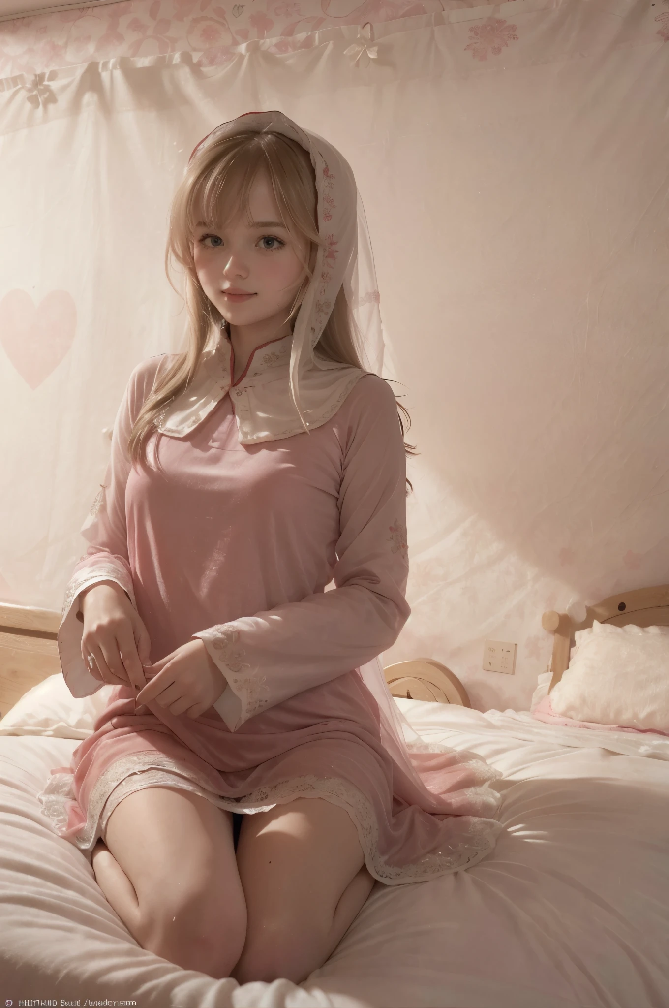 photo of mariya with long blonde hair, bang, (petite:1.4), wearing (red baju kurung:1.3),  on bed in a cute girly bedroom adorned with pastel hues and playful decor. The walls are painted in soft pinks or lavender, with a delicate floral or heart-patterned wallpaper as an accent. A canopy bed with sheer, flowy curtains creates a dreamy atmosphere. Plush stuffed animals and fluffy throw pillows in various shades of pink adorn the bed,
realistic, photorealistic,
High quality, RAW photograph, detailed background, intricate, highly detailed, sharp focus, high resolution, 8k, uhd, dslr, realistic eyes, perfect eyes,