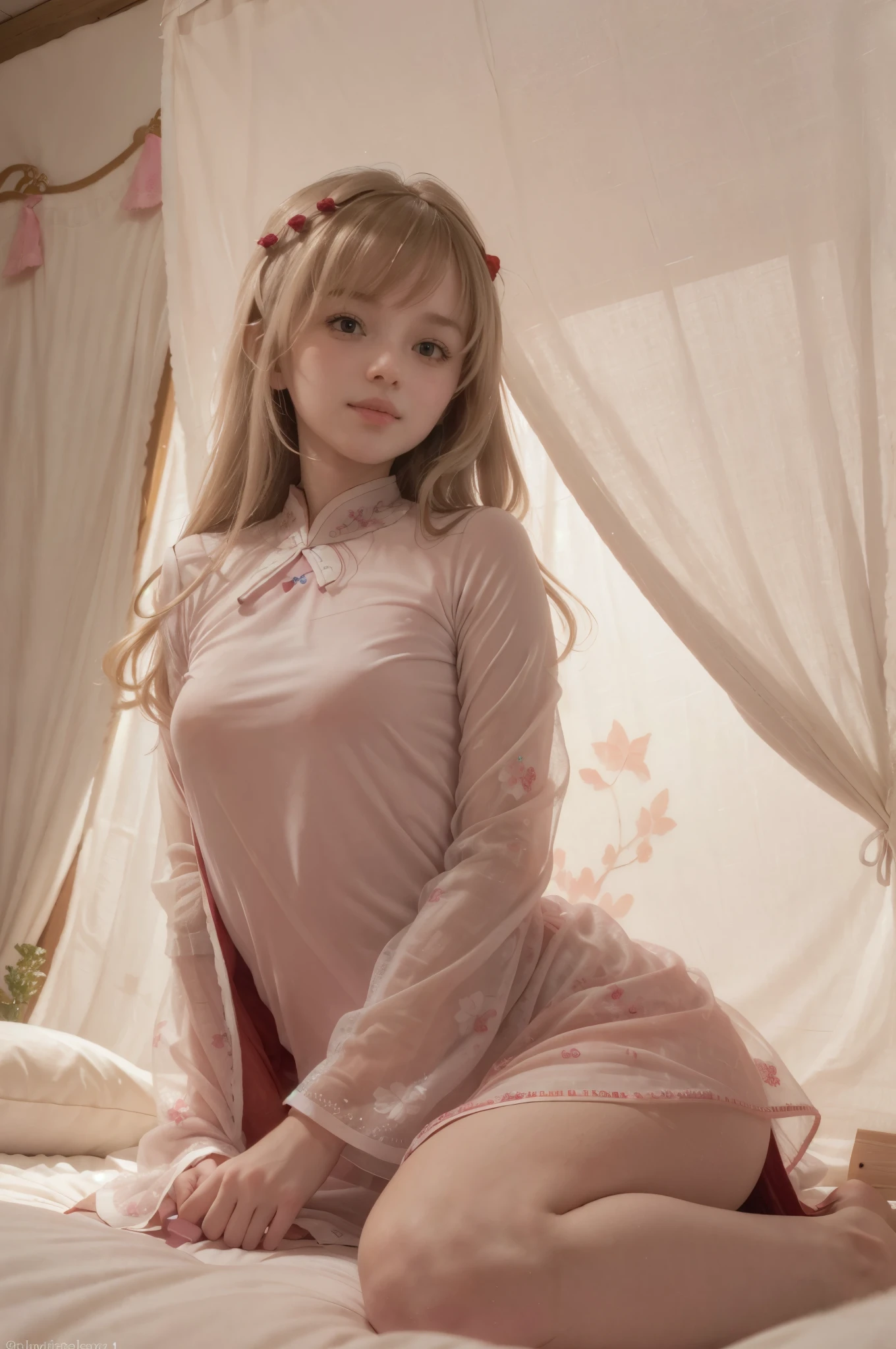 photo of mariya with long blonde hair, bang, (petite:1.4), wearing (red baju kurung:1.3),  on bed in a cute girly bedroom adorned with pastel hues and playful decor. The walls are painted in soft pinks or lavender, with a delicate floral or heart-patterned wallpaper as an accent. A canopy bed with sheer, flowy curtains creates a dreamy atmosphere. Plush stuffed animals and fluffy throw pillows in various shades of pink adorn the bed,
realistic, photorealistic,
High quality, RAW photograph, detailed background, intricate, highly detailed, sharp focus, high resolution, 8k, uhd, dslr, realistic eyes, perfect eyes,