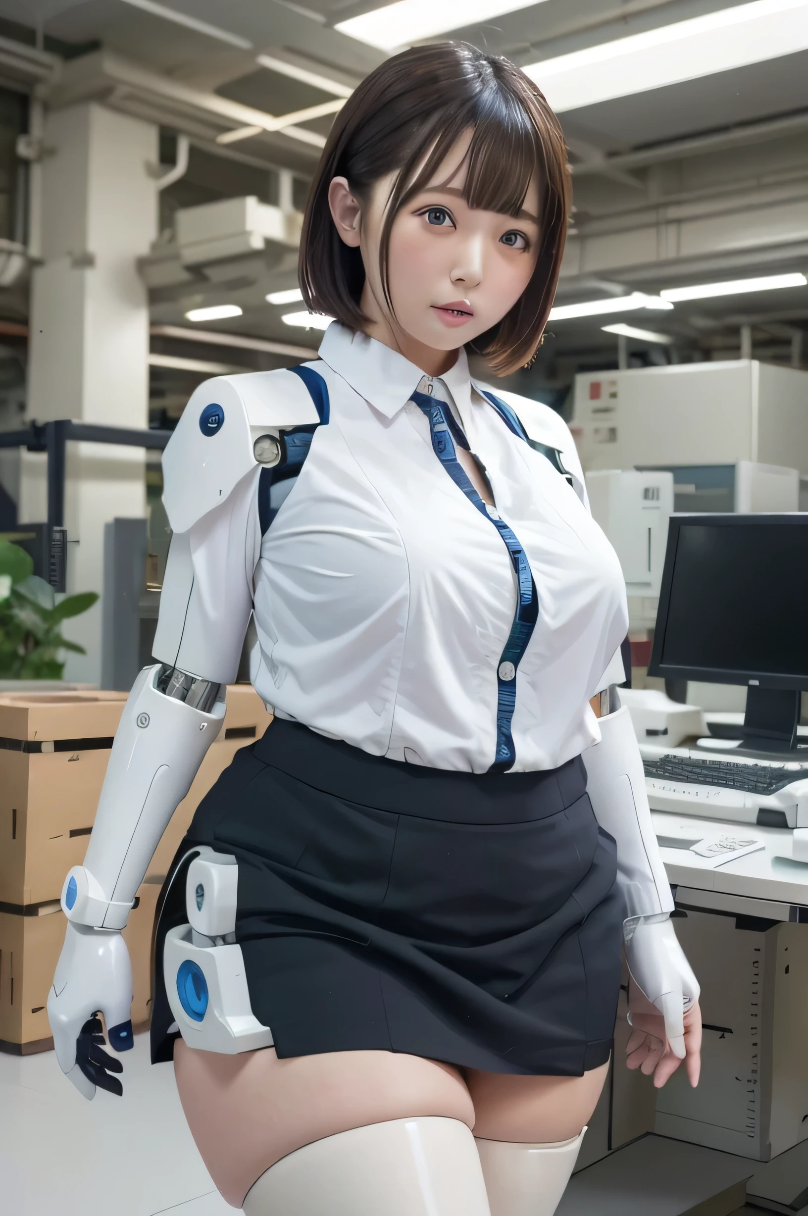 masterpiece, best quality, extremely detailed,portrait, Japanese android girl,Plump,a bit chubby,control panels,robot arms,robot,android,cyborg,white robot body,blunt bangs,robot repair plant,black knee high socks,