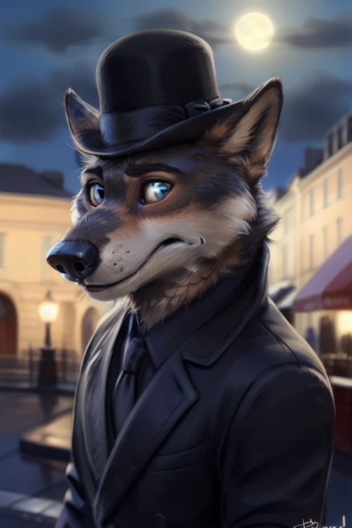 larry (zootopia), grey fur, (brown body:1.3), blue eyes, zootopia, canine, wolf, detailed fur, male, anthro, pawpads, finger claws, 5 fingers, paws, 4 toes, night, full moon, tail, red carpet, suit, black tie, wearing a Dor-15 black bowler hat with a red robotic eye in his frontal part, \(suit\), BREAK by bruteandbrawn, by personalami, by kenket, (intricate, high detail, film photography, soft focus, RAW candid cinema, photorealism, realistic, photorealistic, analog style, subsurface scattering, masterpiece, best quality, ultra realistic, 8k)