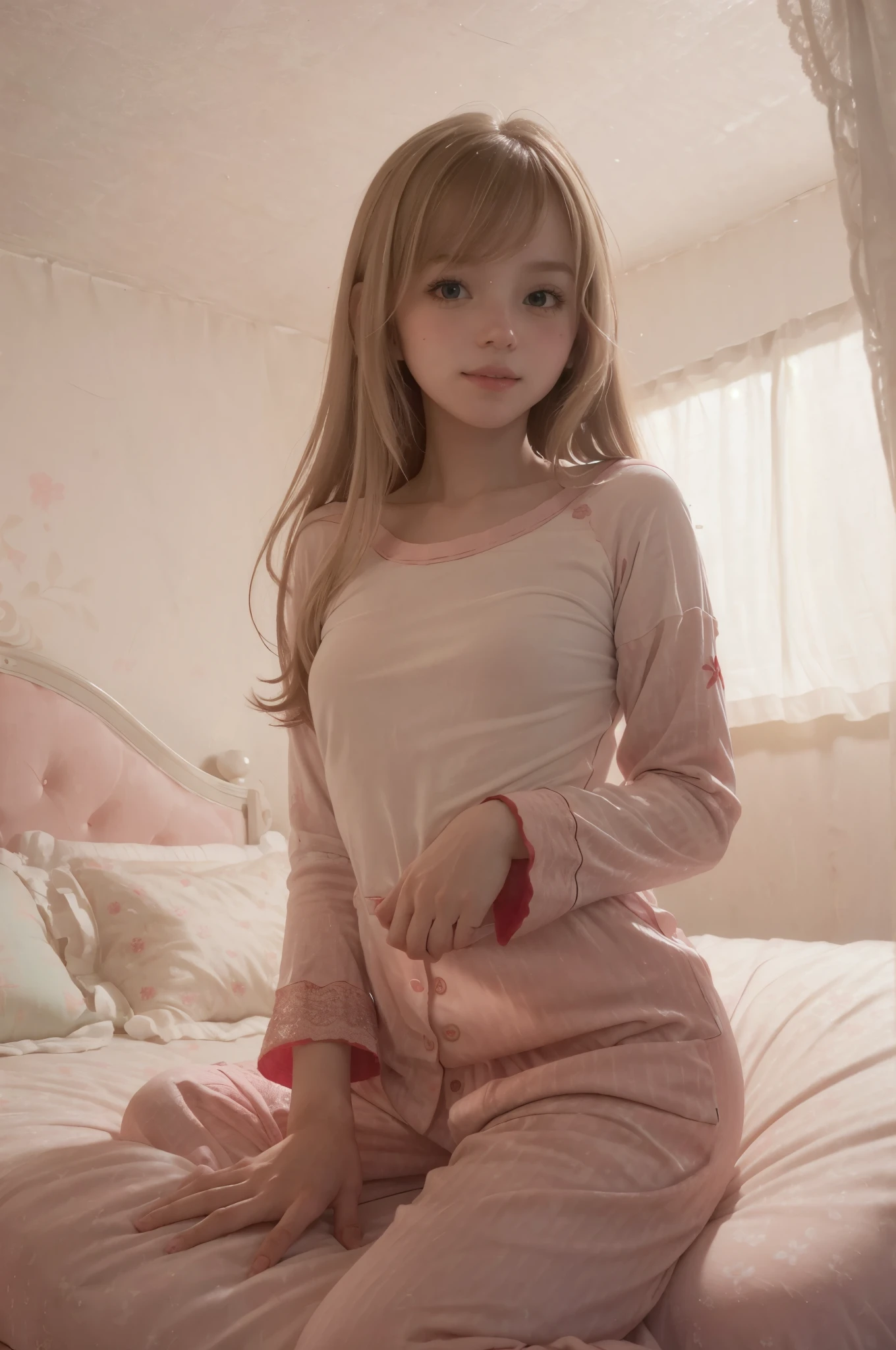 photo of mariya with long blonde hair, bang(petite:1.4), wearing (red pajamas:1.3),  on bed in a cute girly bedroom adorned with pastel hues and playful decor. The walls are painted in soft pinks or lavender, with a delicate floral or heart-patterned wallpaper as an accent. A canopy bed with sheer, flowy curtains creates a dreamy atmosphere. Plush stuffed animals and fluffy throw pillows in various shades of pink adorn the bed,
realistic, photorealistic,
High quality, RAW photograph, detailed background, intricate, highly detailed, sharp focus, high resolution, 8k, uhd, dslr, realistic eyes, perfect eyes,