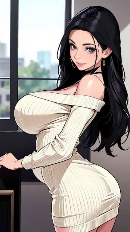 (masterpiece, highest quality, highest quality, Official Art, Beautiful and aesthetic:1.2, Cinematic lighting、Key light at 45 degrees from the front, Fill Light、Soft backlight), 


Beautiful Face、Perfect round ass、The body is slim、Fit and body、Pale skin、Shiny, bright eyes、Long eyelashes、Glossy face、Pervert woman、Beautiful mature woman, 
(Oily skin、Glowing Skin、Realistic skin texture、Beautiful skin in every detail、Shiny skin),

A 2 、(Cute:1.5)、
 ((Open your mouth))、masterpiece,highest quality,High resolution,Very detailed,skinny,,((Captivating smile ))、(skinny Black hair)Choker,Earrings,Big cleavage、(Light-colored off-the-shoulder tight sweater dress:1.5)、,Race,(( Perfect Fingers )) ,  indoor,(Open the front door 1.2),((sexy Gestures:1.5, A flirtatious, sexy face、A sweet, ecstatic face:1.5, Open your mouth and look at me))、Heavy breathing ,

Accurate 5-finger、Accurate human body、The perfect human body、The most beautiful face, true to the human body、Correct five-finger、The perfect human body、Someone knowledgeable、Highly detailed face and skin texture、Natural neck length、(beautiful Hands)、beautiful, Long, slender legs、Straighten two legs、Straighten two arms、(Mega Big Tits), mini sexy dress 