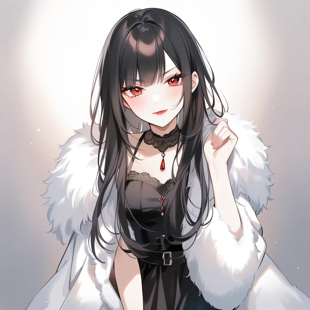 Anime Girl，Purple Eyeshadow，Black long hair，Cat ears，Small Crown，Red off-shoulder dress，Fur collar shawl，wave