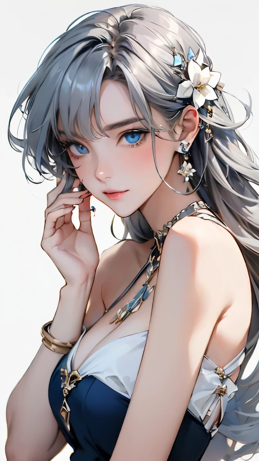 One girl, blue eyes, Alone, Long Hair, Blue Nail, View your viewers, Gray Hair, flower, jewelry, Floating Hair, Manicure, Have, hair ornament, bare shoulders, chest, bangs, put your hand on your face, High heels, White background,