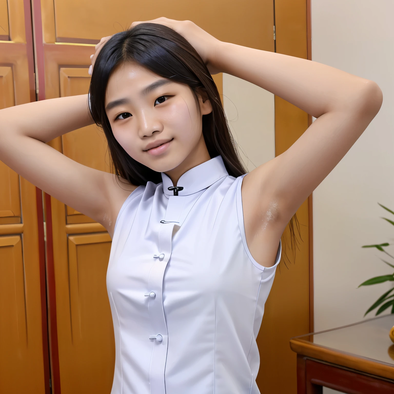 A Chinese female junior high school student, ethnic Chinese, narrow-eyed, slim and athletic, wajahnya murung, wearing a very tight white shirt that is sleeveless, raising both hands to show his healthy armpits, his body is very sweaty