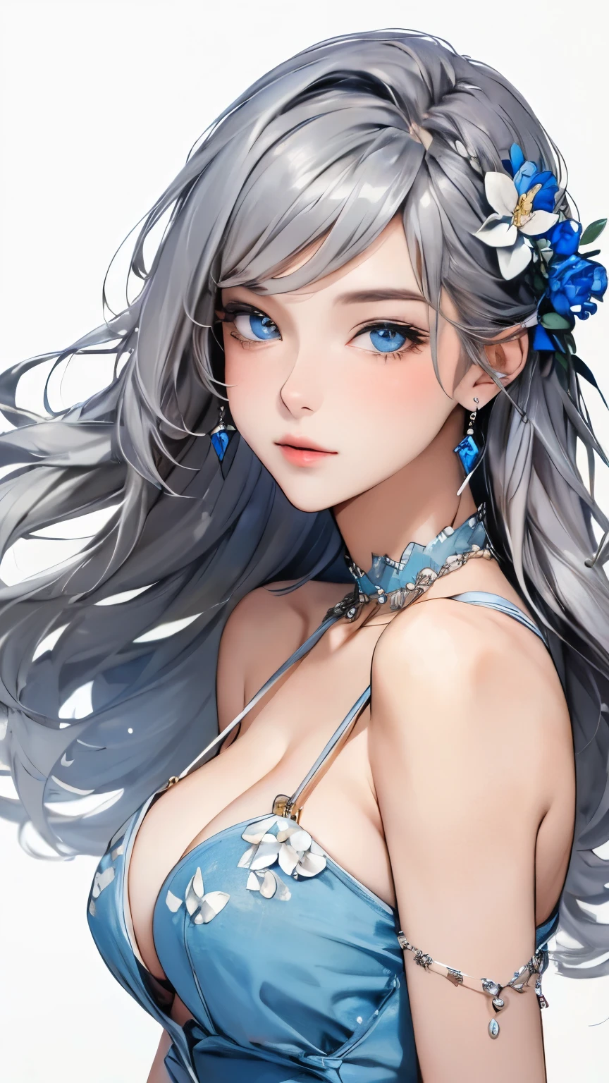 One girl, blue eyes, Alone, Long Hair, Blue Nail, View your viewers, Gray Hair, flower, jewelry, Floating Hair, Manicure, Have, hair ornament, bare shoulders, chest, bangs, put your hand on your face, High heels, White background,