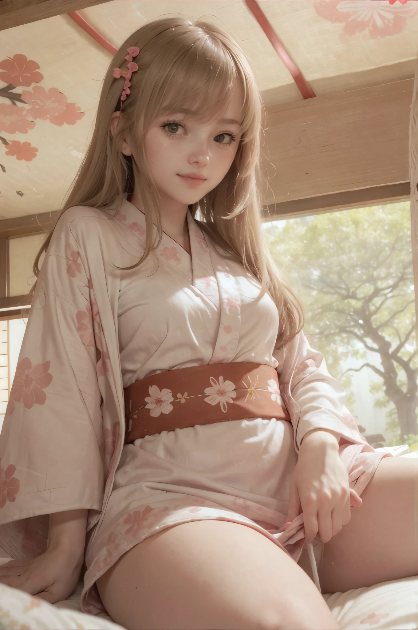 photo of mariya with long blonde hair, bang, (petite:1.4), wearing (red japanese kimono:1.3),  on bed in a cute girly bedroom adorned with pastel hues and playful decor. The walls are painted in soft pinks or lavender, with a delicate floral or heart-patterned wallpaper as an accent. A canopy bed with sheer, flowy curtains creates a dreamy atmosphere. Plush stuffed animals and fluffy throw pillows in various shades of pink adorn the bed,
realistic, photorealistic,
High quality, RAW photograph, detailed background, intricate, highly detailed, sharp focus, high resolution, 8k, uhd, dslr, realistic eyes, perfect eyes,