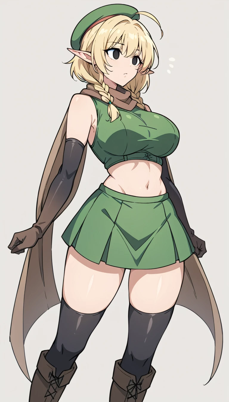 Parisian,1mature woman,elf,Short Hair,twin braids,ahoge,blonde,(slender),Big Breasts,Tall,empty eyes,Black Eyes,brown gloves,Black elbow gloves,((black thigh highs))、Small black beret、Brown scarf、green crop top,sleeveless,green mini skirt,brown knee boots,Thin thighs,isekai,fantasy,full body,From behind