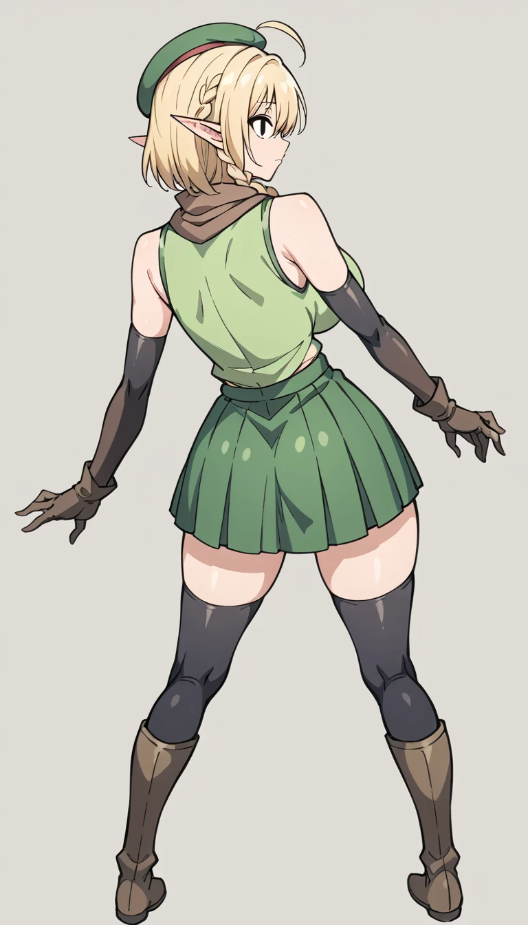 Parisian,1mature woman,elf,Short Hair,twin braids,ahoge,blonde,(slender),Big Breasts,Tall,empty eyes,Black Eyes,brown gloves,Black elbow gloves,((black thigh highs))、Small black beret、Brown scarf、green crop top,sleeveless,green mini skirt,brown knee boots,Thin thighs,isekai,fantasy,full body,From behind