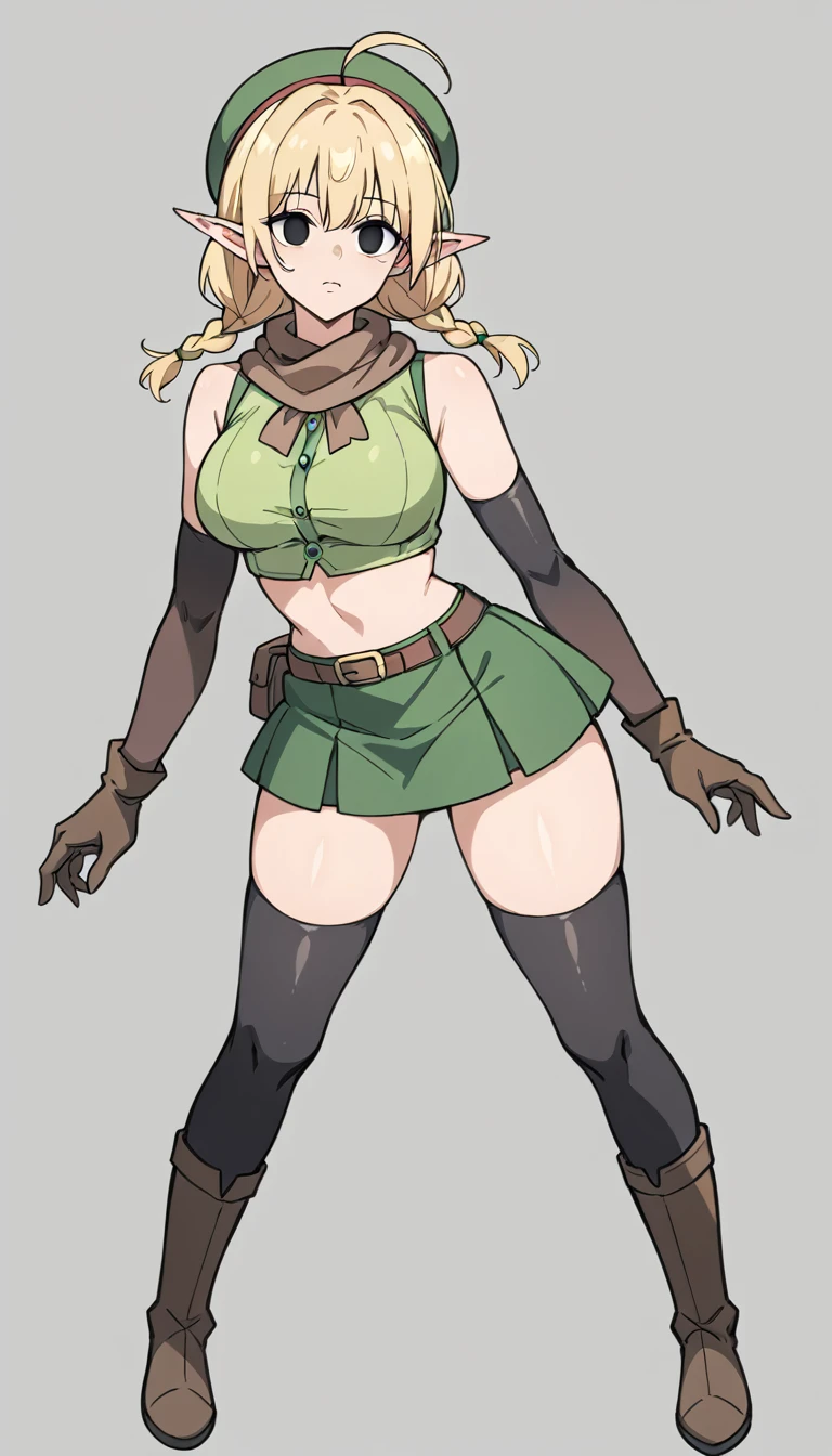 Parisian,1mature woman,elf,Short Hair,twin braids,ahoge,blonde,(slender),Big Breasts,Tall,empty eyes,Black Eyes,brown gloves,Black elbow gloves,((black thigh highs))、Small black beret、Brown scarf、green crop top,sleeveless,green mini skirt,brown knee boots,Thin thighs,isekai,fantasy,full body,From behind