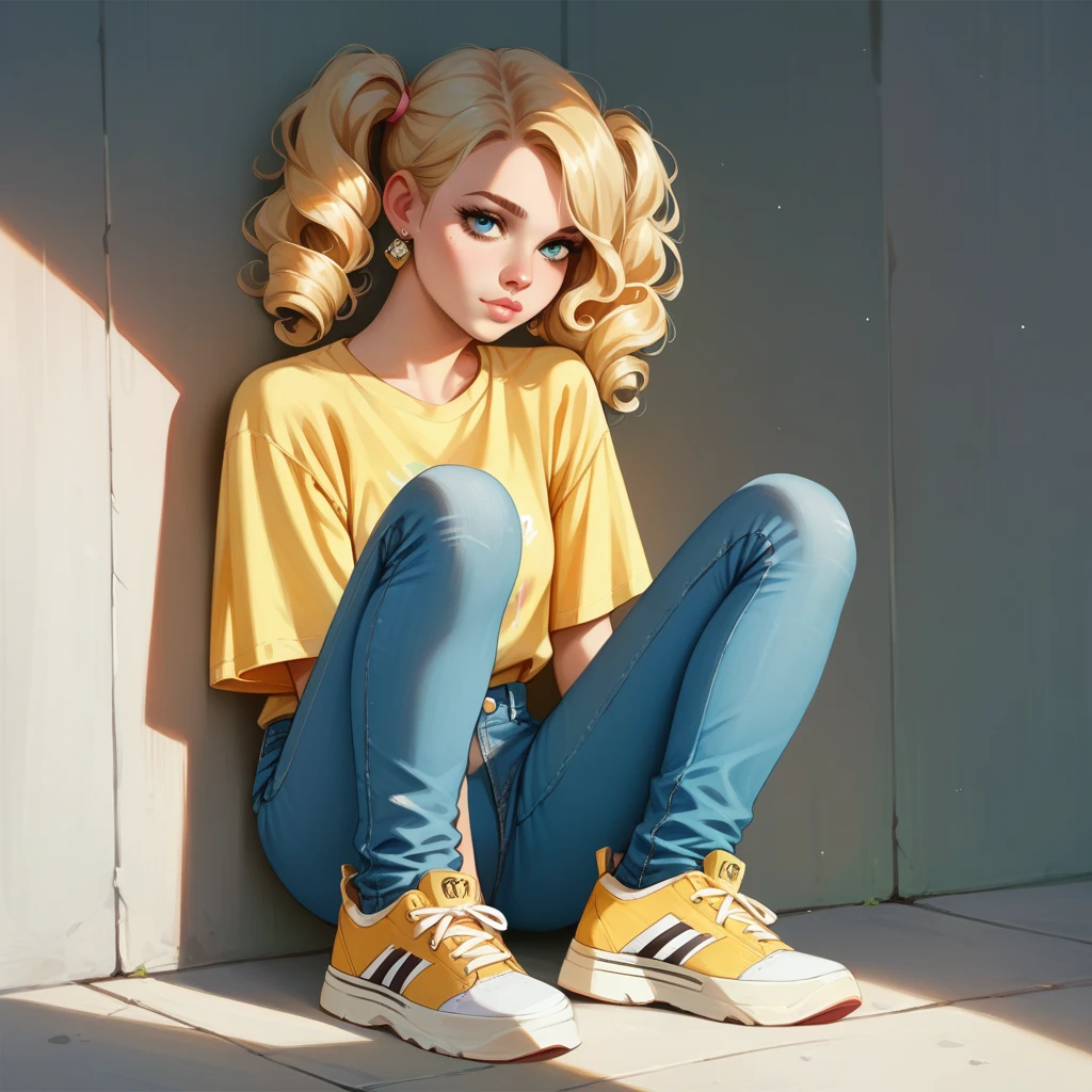 1girl, curly hair, twin tails, blonde hair, soft pink lips, yellow shirt, denim blue jeans with holes, yellow sneakers, sun earrings, 