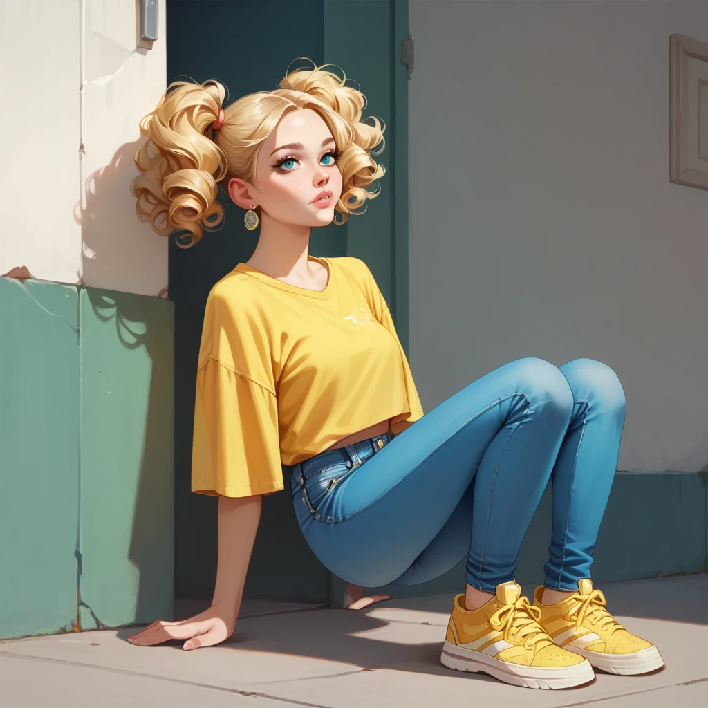 1girl, curly hair, twin tails, blonde hair, soft pink lips, yellow shirt, denim blue jeans with holes, yellow sneakers, sun earrings, 