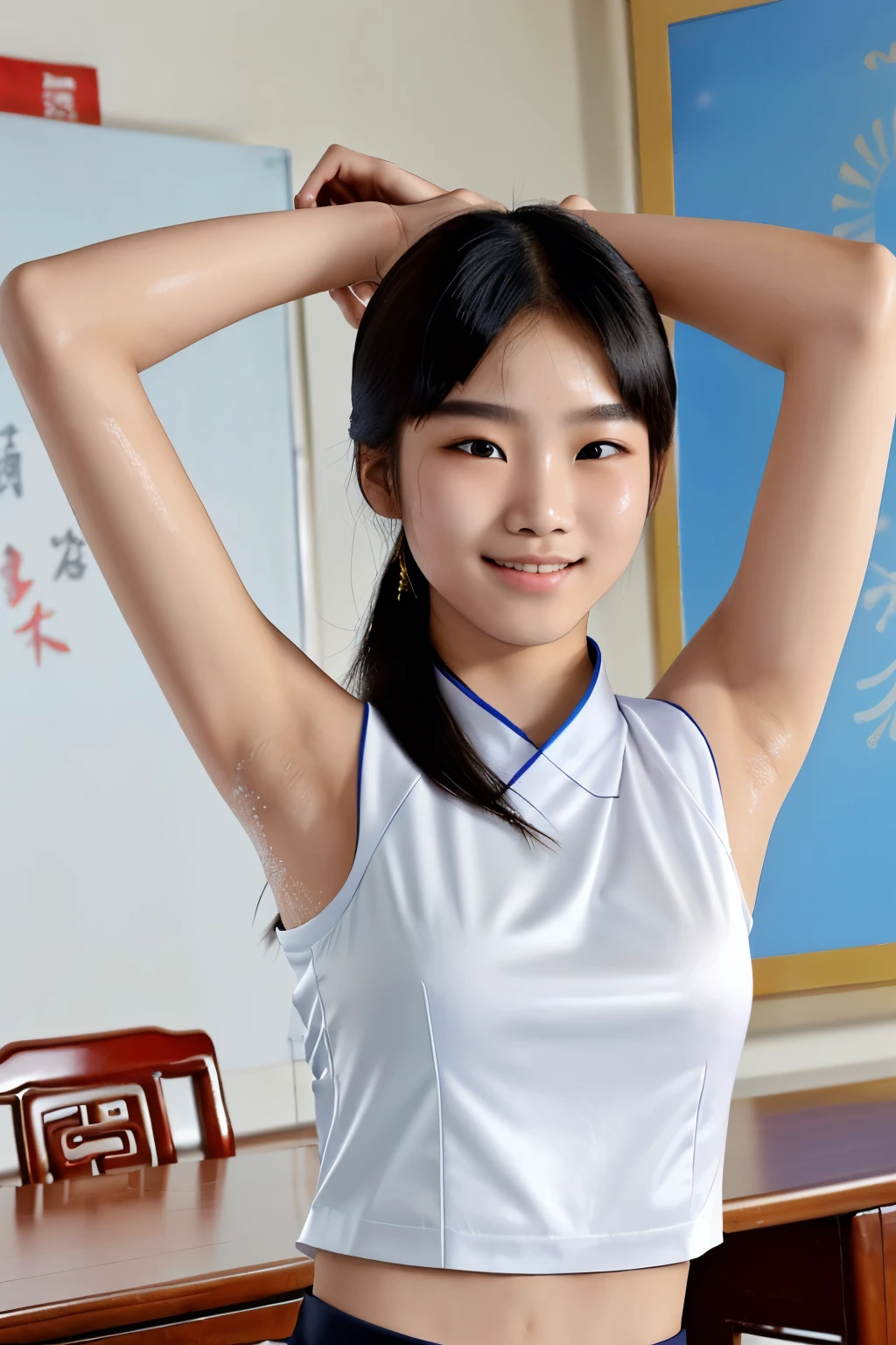 A Chinese female junior high school student, ethnic Chinese, narrow-eyed, slim and athletic, her face is not smiling, wearing a very tight white shirt that is sleeveless, raising both hands to show his healthy armpits, her armpits are covered in fine hair, his body is sweating