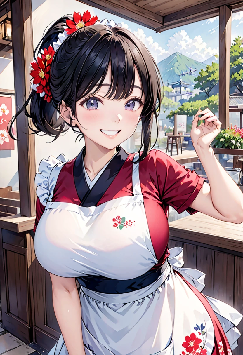 masterpiece,ultra detailed,1woman,off-the -shoulder short summer blouse,patterned long skirt,lifted skirt,wet buttocks,standing,at tokyo,curvy body,medium tied up hair,black hair,(tareme),happy smile,oval face,make up,mature cheerful woman,green eyes,