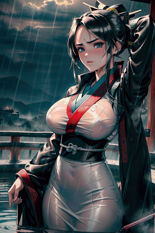 1female,35yo,A MILF,plumw,extremely large bosom, 独奏,(Background with:Mare,ln the forest,lotus flower,pools of water) She has short black hair,High ponytail,stand on stone,,seen from the front, hair straight, mostly cloudy sky,(((tmasterpiece),(Very detailed CG unity 8K wallpaper),best qualtiy,cinmatic lighting,detailed back ground,beatiful detailed eyes,Bright pupils,Blue eyes,(Very fine and beautiful),(Beautiful and detailed eye description),ultra - detailed,tmasterpiece,))Redlip,facing at camera,A high resolution,ultra - detailed),revealing breasts,Bare genitalia, Bulge,legs are open,Raised sexy,Camel toes,Flushed complexion,Desire for dissatisfaction,frontage,Sakura Shrine,(Wearing:Japan Priestess Uniform,)