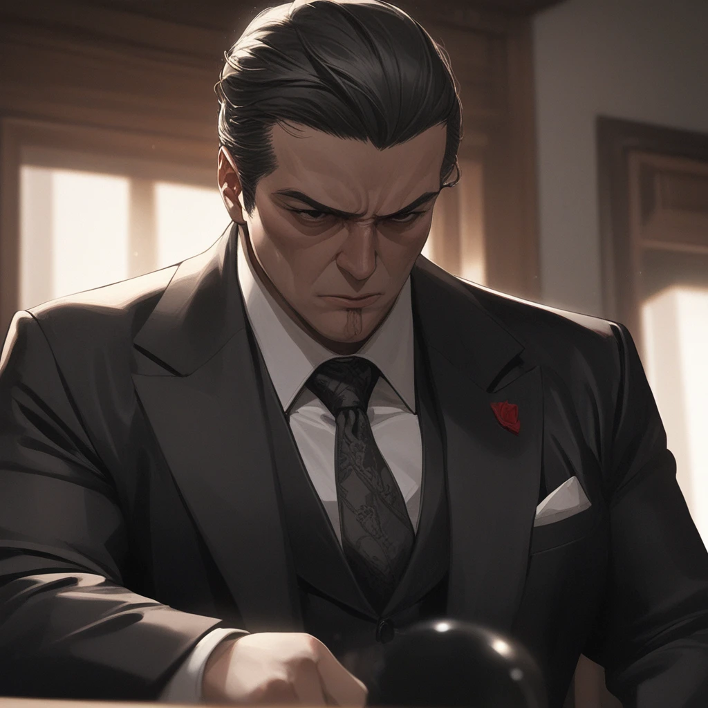 masterpiece, Best Quality,  mafia boss, black suit