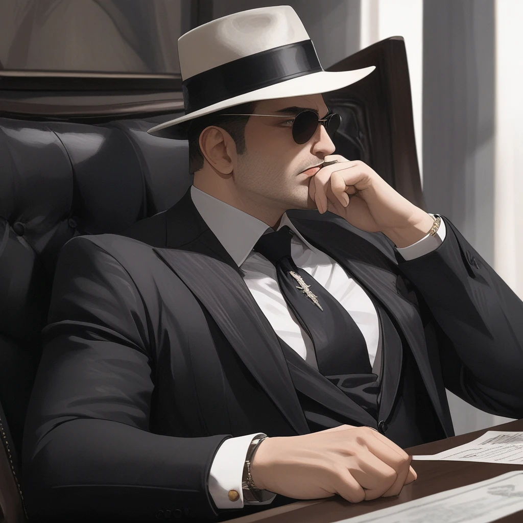 masterpiece, Best Quality,  mafia boss, black suit