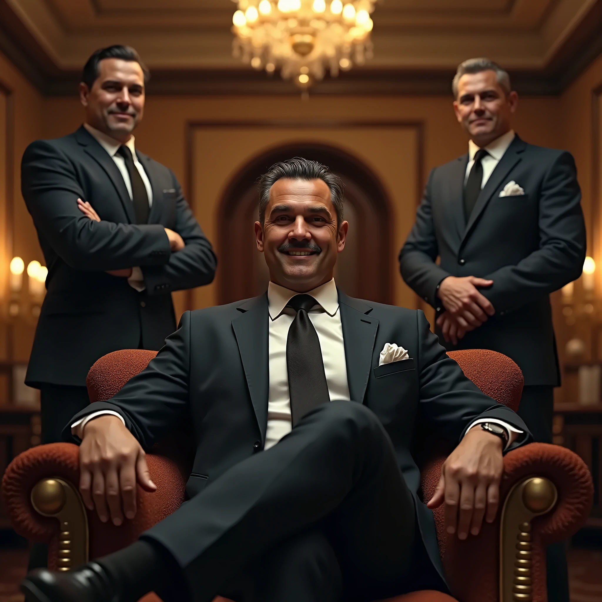 A gentlemanly and handsome man with a very kind smile, dressed in a stylish suit, sitting on a sofa in a luxurious and beautiful reception room of a mansion, with bodyguards standing on either side of him with pistols, the pistols pointed in front of him. Yes, he is actually a mafia boss.