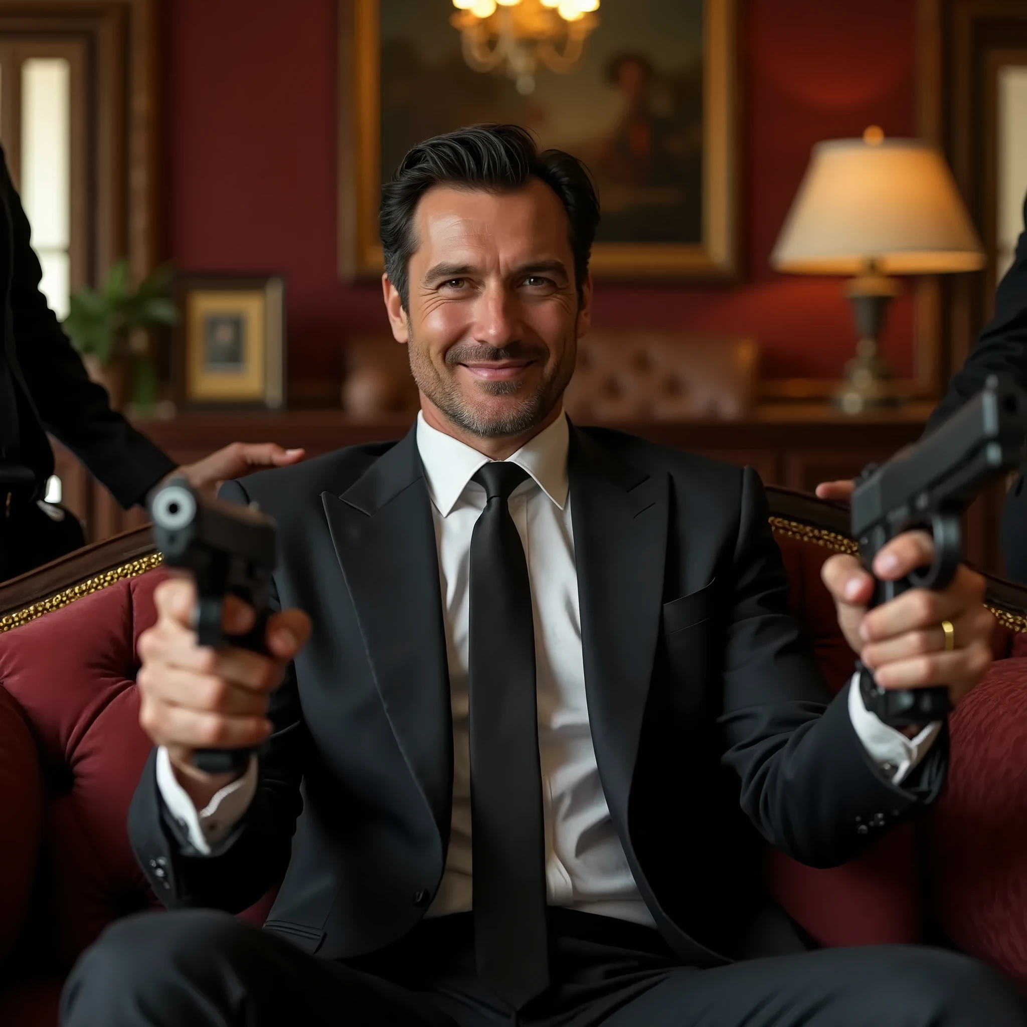 A gentlemanly and handsome man with a very kind smile, dressed in a stylish suit, sitting on a sofa in a luxurious and beautiful reception room of a mansion, with bodyguards standing on either side of him with pistols, the pistols pointed in front of him. Yes, he is actually a mafia boss.