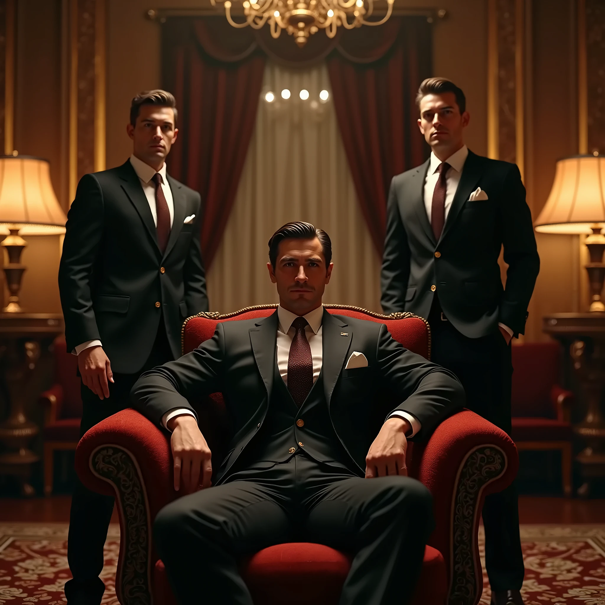 A gentlemanly and handsome man with a very kind smile, dressed in a stylish suit, sitting on a sofa in a luxurious and beautiful reception room of a mansion, with bodyguards standing on either side of him with pistols, the pistols pointed in front of him. Yes, he is actually a mafia boss.