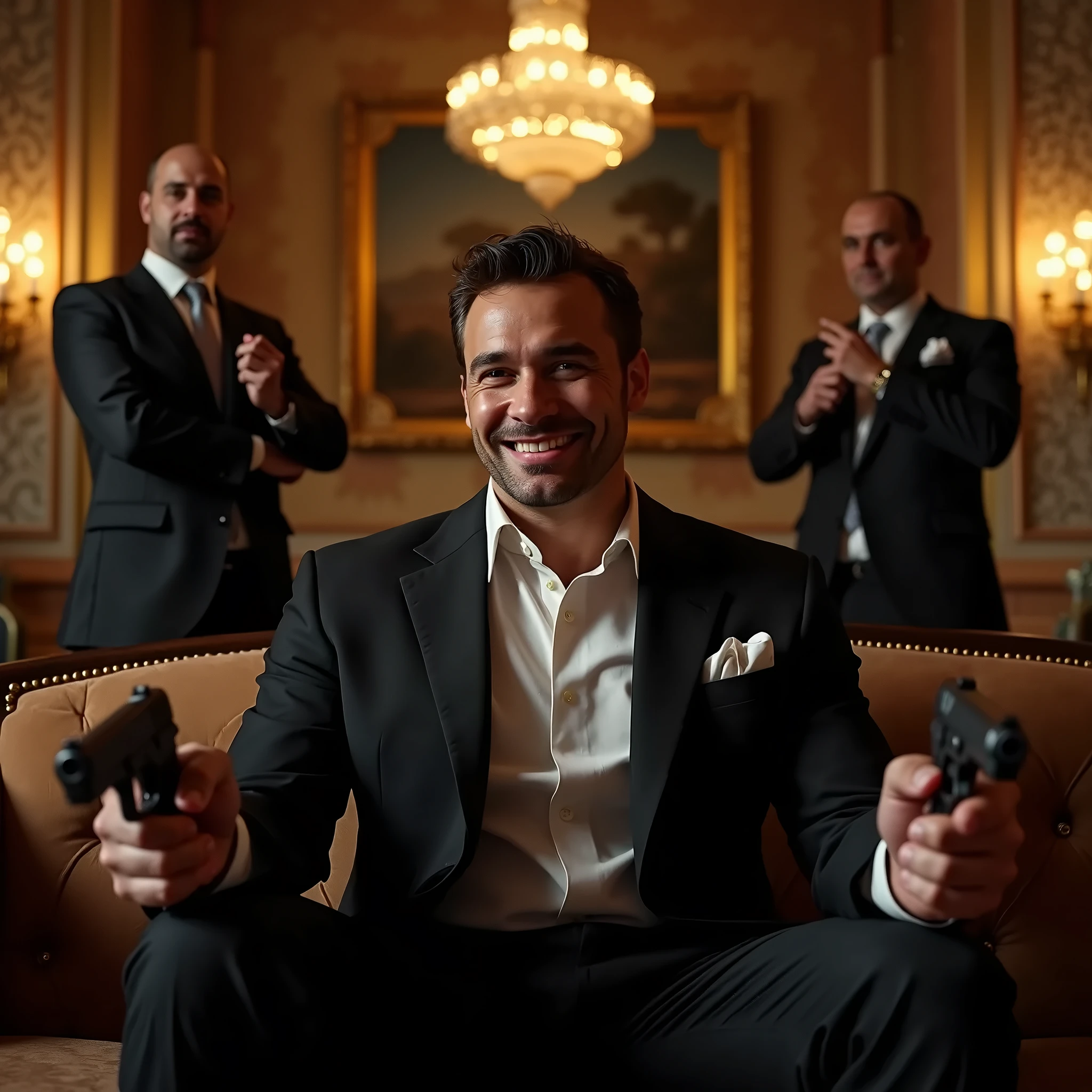 A gentlemanly and handsome man with a very kind smile, dressed in a stylish suit, sitting on a sofa in a luxurious and beautiful reception room of a mansion, with bodyguards standing on either side of him with pistols, the pistols pointed in front of him. Yes, he is actually a mafia boss.