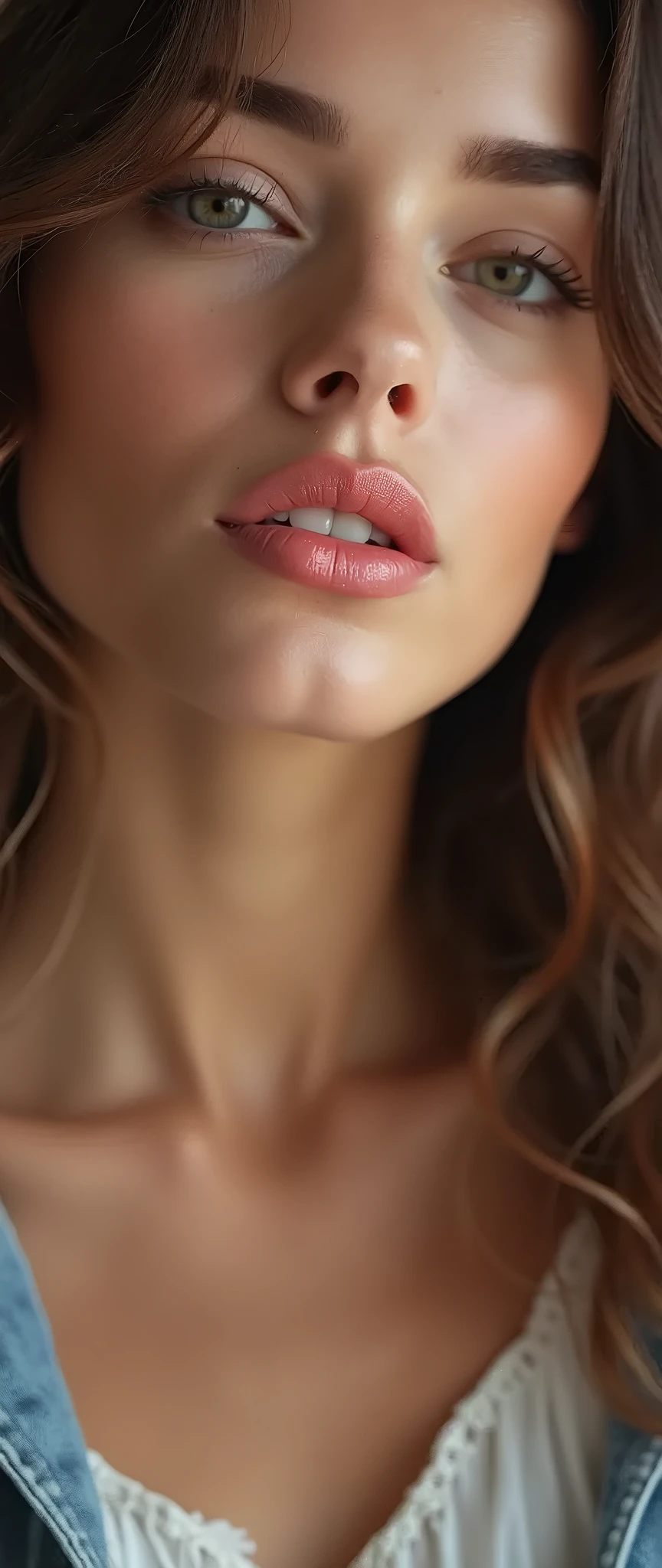 (best quality, 4k, highres, masterpiece:1.2), ultra-detailed, realistic:1.37, moldovian girl, feminine face, age 20, green eyes, long copper shimmer wavy hair, normal eyebrows, sharp jawline, normal nose, oval-shaped face, beautiful detailed eyes, beautiful detailed lips, long eyelashes, porcelain-like skin, soft and smooth complexion, natural makeup highlighting the eyes and lips, petite and elegant facial features, graceful posture, gentle expression, soft lighting emphasizing the facial contours, delicate and intricate detailing of the facial features, vibrant and radiant colors, lying on a bed, not wearing clothes, SFW