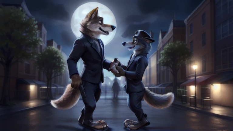 larry (zootopia), grey fur, (brown body:1.3), blue eyes, zootopia, canine, wolf, detailed fur, male, anthro, pawpads, finger claws, 5 fingers, paws, 4 toes, night, full moon, tail, red carpet, suit, black tie, wearing a Dor-15 black bowler hat with a notable red robotic eye in his frontal part, walking on all four paws, \(suit\), BREAK by bruteandbrawn, by personalami, by kenket, (intricate, high detail, film photography, soft focus, RAW candid cinema, photorealism, realistic, photorealistic, analog style, subsurface scattering, masterpiece, best quality, ultra realistic, 8k)