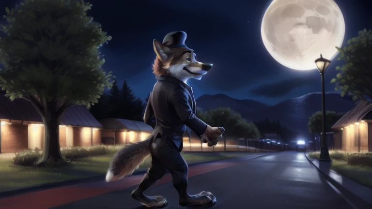 larry (zootopia), grey fur, (brown body:1.3), blue eyes, zootopia, canine, wolf, detailed fur, male, anthro, pawpads, finger claws, 5 fingers, paws, 4 toes, night, full moon, tail, red carpet, suit, black tie, wearing a Dor-15 black bowler hat with a notable red robotic eye in his frontal part, walking on all four paws, \(suit\), BREAK by bruteandbrawn, by personalami, by kenket, (intricate, high detail, film photography, soft focus, RAW candid cinema, photorealism, realistic, photorealistic, analog style, subsurface scattering, masterpiece, best quality, ultra realistic, 8k)