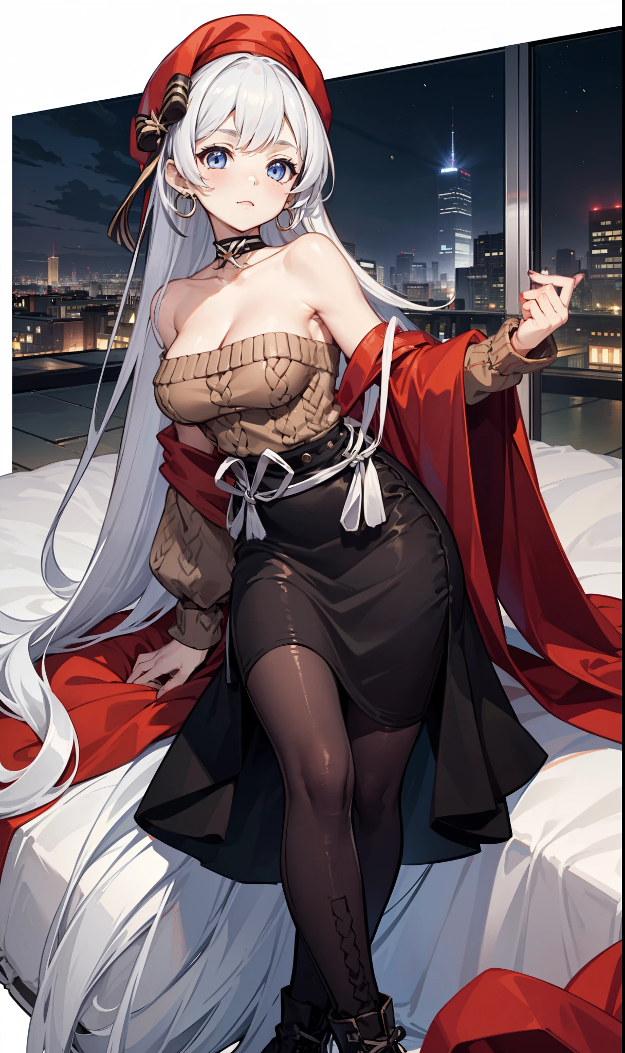 goddess，obsessed，have fun，in love，(White transparent maid uniform，With a long skirt)，Silver Hair，blue eyes，Transparent Clothes，Exquisite hair accessories，Transparent lace，Sky blue pattern，night，Dress nicely，bedroom，solitary，night，Engraved suspender boots，Beautiful face，figure