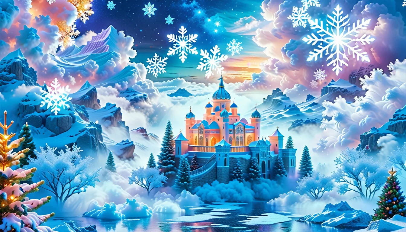 A Masterpiece In 32K Resolution: Supreme Quality, Super Detail, Official Art, Very High-Resolution 32K Wallpaper, Beautiful And Aesthetic, Ultra-Detailed Features, Awe-Inspiring Detail. Winter Wonderland (A Surreal Fantasy Landscape). Step Into A Dreamy Realm Where A Surreal Winter Landscape Unfolds, Featuring A Fairy-Tale Island Floating Amidst Whimsical Clouds. Colorful Snowflakes Dance Through The Air, And A Majestic Palace, Draped In Glistening Snow, Stands As The Centerpiece. Nearby, The Tree Of Life Blossoms With Vibrant Vitality, Symbolizing Hope And Renewal. The Night Sky Twinkles With Radiant Stars, While Layers Of Ethereal Clouds And Mist Create An Enchanting Atmosphere. This Breathtaking Scene Captures The Essence Of Magical Fantasy, Beautifully Rendered. Experience The Intricate Details Of This Epic Dreamlike Landscape, Where Every Element - From The Enchanting Floating Fairy Island To The Mystical Scenery And World Of Wonder.