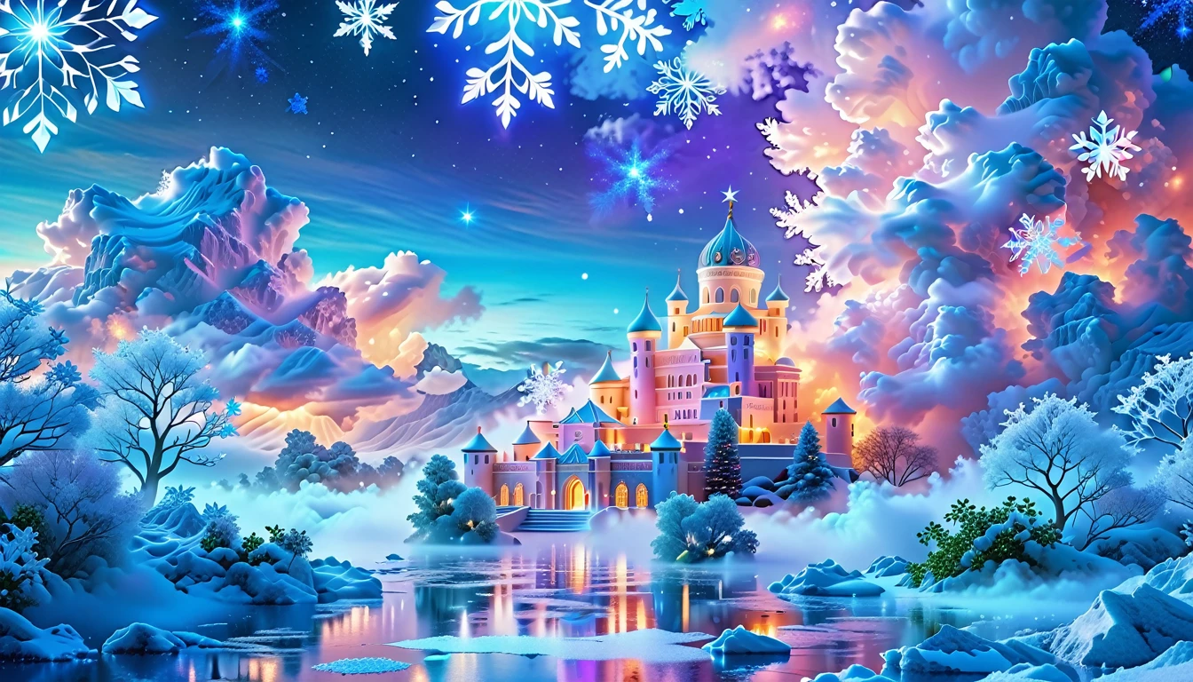 A Masterpiece In 32K Resolution: Supreme Quality, Super Detail, Official Art, Very High-Resolution 32K Wallpaper, Beautiful And Aesthetic, Ultra-Detailed Features, Awe-Inspiring Detail. Winter Wonderland (A Surreal Fantasy Landscape). Step Into A Dreamy Realm Where A Surreal Winter Landscape Unfolds, Featuring A Fairy-Tale Island Floating Amidst Whimsical Clouds. Colorful Snowflakes Dance Through The Air, And A Majestic Palace, Draped In Glistening Snow, Stands As The Centerpiece. Nearby, The Tree Of Life Blossoms With Vibrant Vitality, Symbolizing Hope And Renewal. The Night Sky Twinkles With Radiant Stars, While Layers Of Ethereal Clouds And Mist Create An Enchanting Atmosphere. This Breathtaking Scene Captures The Essence Of Magical Fantasy, Beautifully Rendered. Experience The Intricate Details Of This Epic Dreamlike Landscape, Where Every Element - From The Enchanting Floating Fairy Island To The Mystical Scenery And World Of Wonder.