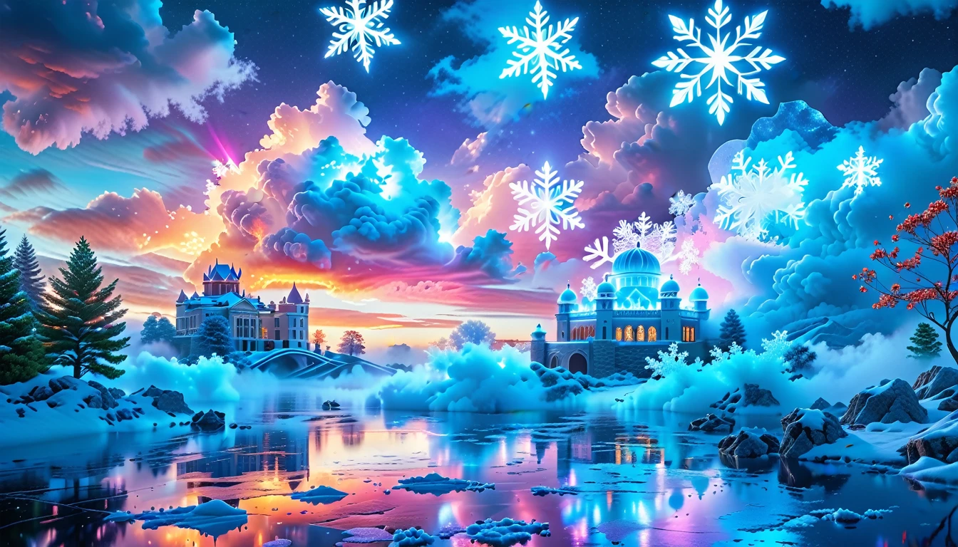 A Masterpiece In 32K Resolution: Supreme Quality, Super Detail, Official Art, Very High-Resolution 32K Wallpaper, Beautiful And Aesthetic, Ultra-Detailed Features, Awe-Inspiring Detail. Winter Wonderland (A Surreal Fantasy Landscape). Step Into A Dreamy Realm Where A Surreal Winter Landscape Unfolds, Featuring A Fairy-Tale Island Floating Amidst Whimsical Clouds. Colorful Snowflakes Dance Through The Air, And A Majestic Palace, Draped In Glistening Snow, Stands As The Centerpiece. Nearby, The Tree Of Life Blossoms With Vibrant Vitality, Symbolizing Hope And Renewal. The Night Sky Twinkles With Radiant Stars, While Layers Of Ethereal Clouds And Mist Create An Enchanting Atmosphere. This Breathtaking Scene Captures The Essence Of Magical Fantasy, Beautifully Rendered. Experience The Intricate Details Of This Epic Dreamlike Landscape, Where Every Element - From The Enchanting Floating Fairy Island To The Mystical Scenery And World Of Wonder.