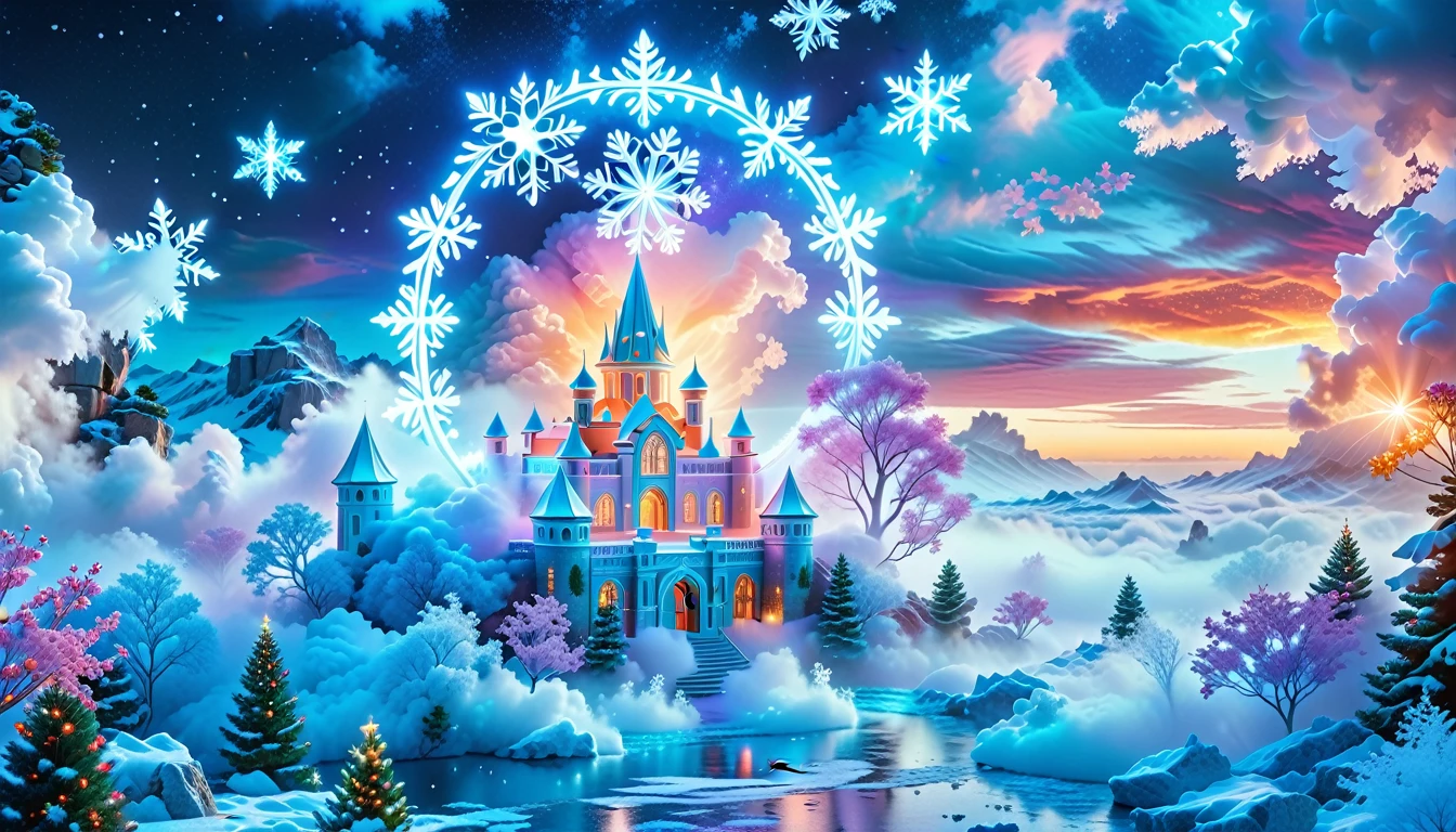 A Masterpiece In 32K Resolution: Supreme Quality, Super Detail, Official Art, Very High-Resolution 32K Wallpaper, Beautiful And Aesthetic, Ultra-Detailed Features, Awe-Inspiring Detail. Winter Wonderland (A Surreal Fantasy Landscape). Step Into A Dreamy Realm Where A Surreal Winter Landscape Unfolds, Featuring A Fairy-Tale Island Floating Amidst Whimsical Clouds. Colorful Snowflakes Dance Through The Air, And A Majestic Palace, Draped In Glistening Snow, Stands As The Centerpiece. Nearby, The Tree Of Life Blossoms With Vibrant Vitality, Symbolizing Hope And Renewal. The Night Sky Twinkles With Radiant Stars, While Layers Of Ethereal Clouds And Mist Create An Enchanting Atmosphere. This Breathtaking Scene Captures The Essence Of Magical Fantasy, Beautifully Rendered. Experience The Intricate Details Of This Epic Dreamlike Landscape, Where Every Element - From The Enchanting Floating Fairy Island To The Mystical Scenery And World Of Wonder.