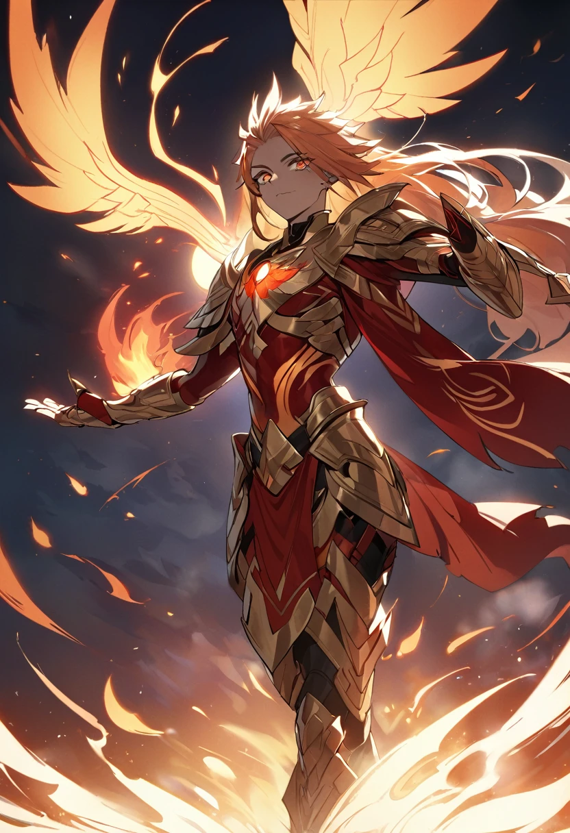 The fictional hero is called Ikarus and is an immortal warrior who wields the power of the phoenix. His bronze armor is engraved with phoenix feathers and glows with golden flames. His long hair is red as fire and his eyes are as bright as the sun, 8k high definition