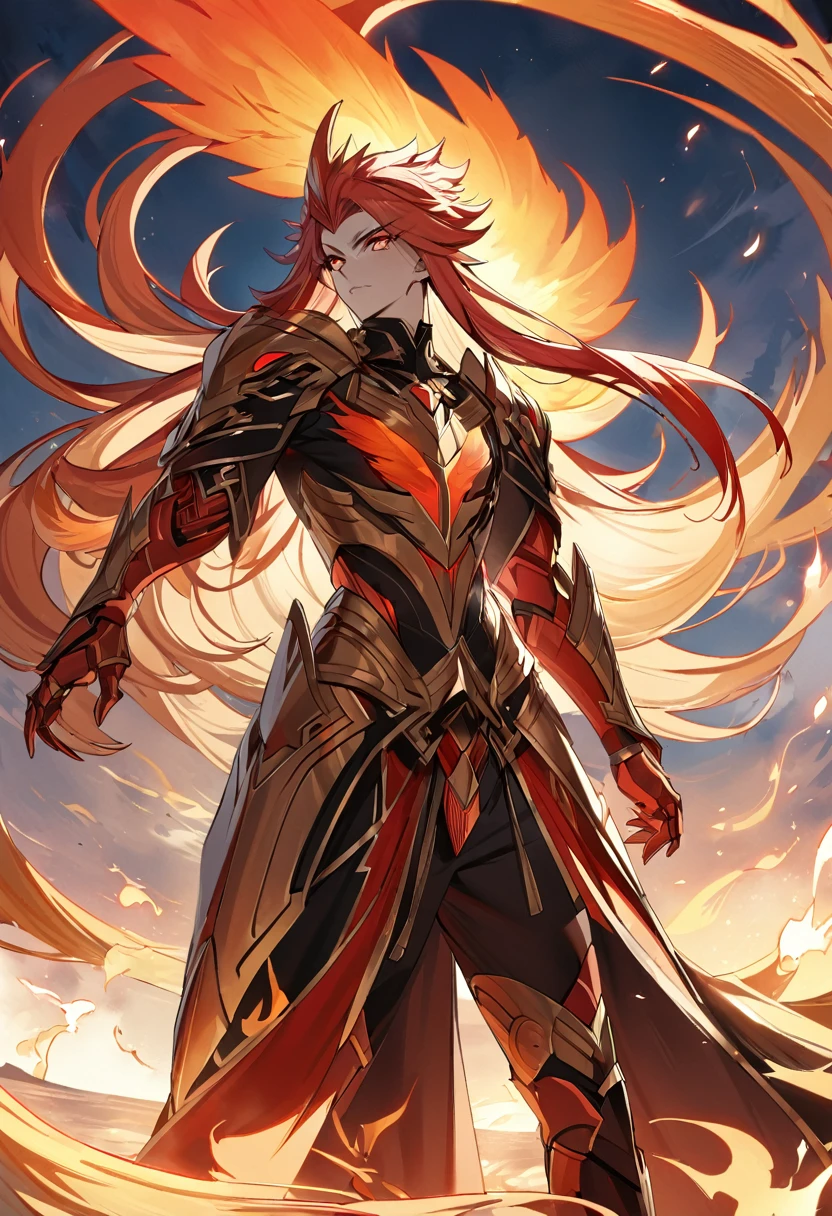 The fictional hero is called Ikarus and is an immortal warrior who wields the power of the phoenix. His bronze armor is engraved with phoenix feathers and glows with golden flames. His long hair is red as fire and his eyes are as bright as the sun, 8k high definition