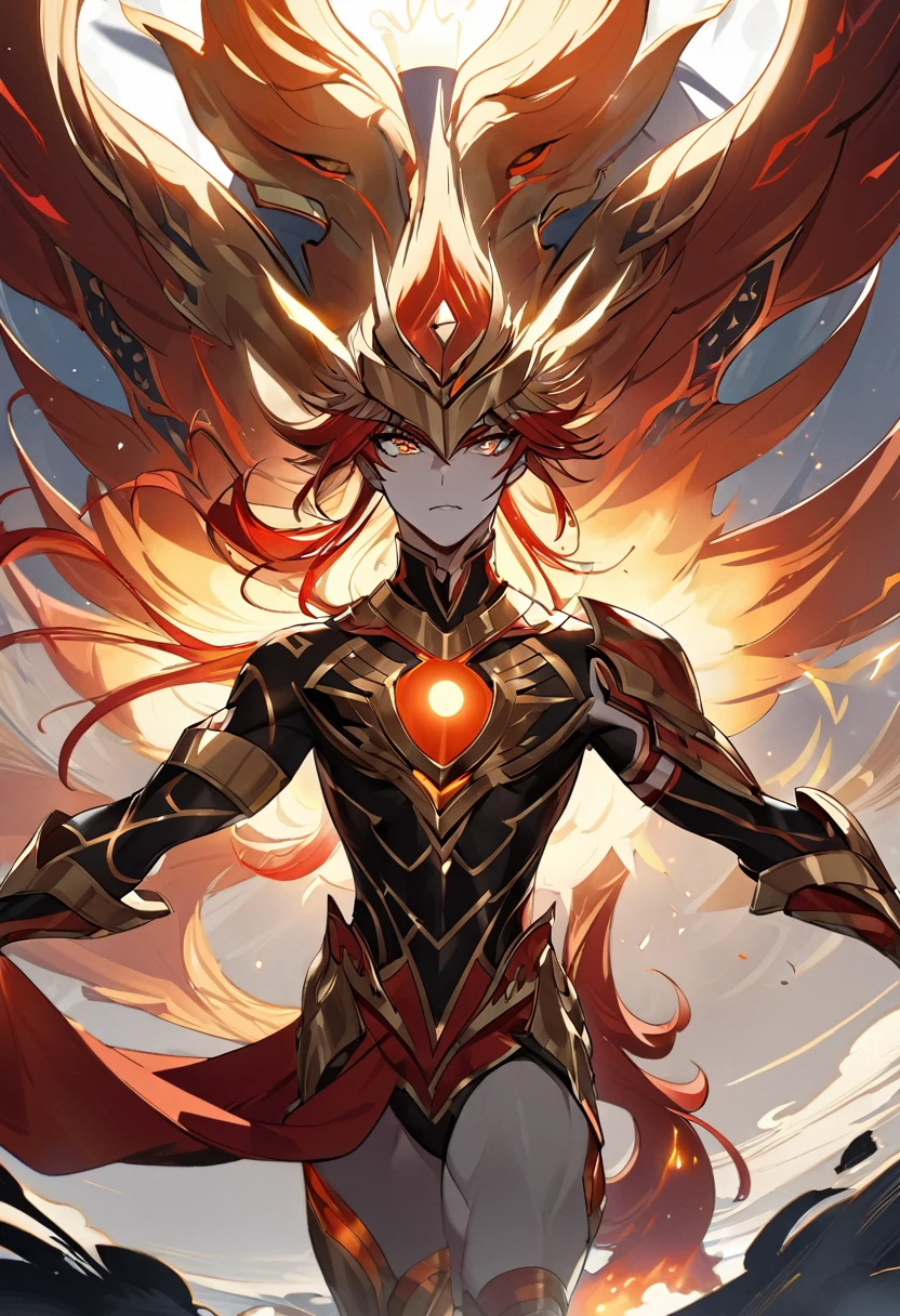 The fictional hero is called Ikarus and is an immortal warrior who wields the power of the phoenix. His bronze armor is engraved with phoenix feathers and glows with golden flames. His long hair is red as fire and his eyes are as bright as the sun, 8k high definition