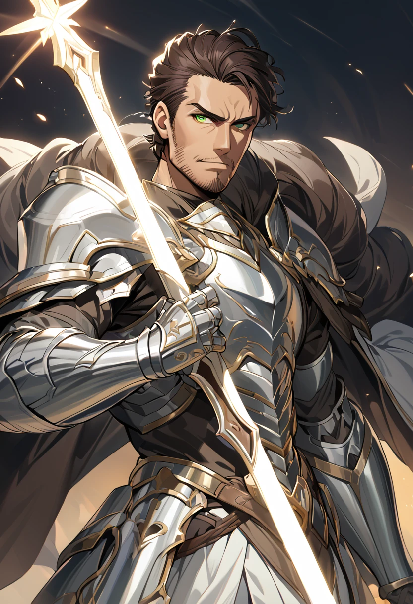 Miron has dark brown hair, bright green eyes, and a stubble beard. He wears silver armor that covers his entire body and wields a sword of light that shines brightly. His appearance is intimidating, but he has a noble heart and a gentle personality, 8k high definition