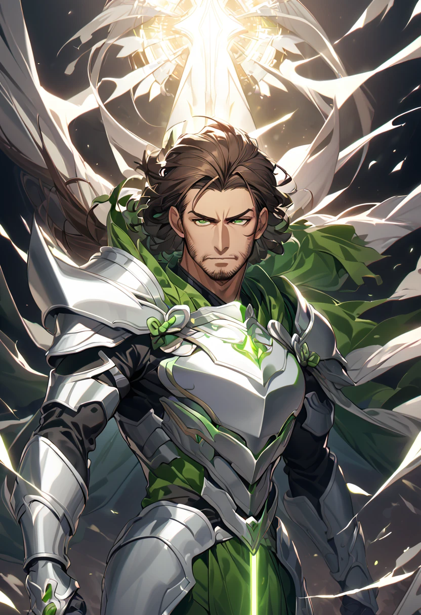 Miron has dark brown hair, bright green eyes, and a stubble beard. He wears silver armor that covers his entire body and wields a sword of light that shines brightly. His appearance is intimidating, but he has a noble heart and a gentle personality, 8k high definition