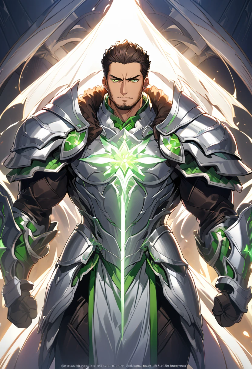 Miron has dark brown hair, bright green eyes, and a stubble beard. He wears silver armor that covers his entire body and wields a sword of light that shines brightly. His appearance is intimidating, but he has a noble heart and a gentle personality, 8k high definition