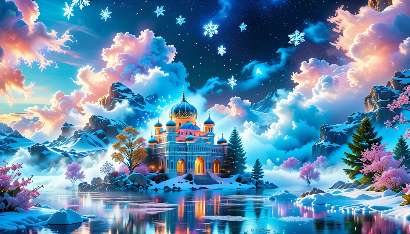 A Masterpiece In 32K Resolution: Supreme Quality, Super Detail, Official Art, Very High-Resolution 32K Wallpaper, Beautiful And Aesthetic, Ultra-Detailed Features, Awe-Inspiring Detail. Winter Wonderland (A Surreal Fantasy Landscape). Step Into A Dreamy Realm Where A Surreal Winter Landscape Unfolds, Featuring A Fairy-Tale Island Floating Amidst Whimsical Clouds. Colorful Snowflakes Dance Through The Air, And A Majestic Palace, Draped In Glistening Snow, Stands As The Centerpiece. Nearby, The Tree Of Life Blossoms With Vibrant Vitality, Symbolizing Hope And Renewal. The Night Sky Twinkles With Radiant Stars, While Layers Of Ethereal Clouds And Mist Create An Enchanting Atmosphere. This Breathtaking Scene Captures The Essence Of Magical Fantasy, Beautifully Rendered. Experience The Intricate Details Of This Epic Dreamlike Landscape, Where Every Element - From The Enchanting Floating Fairy Island To The Mystical Scenery And World Of Wonder.