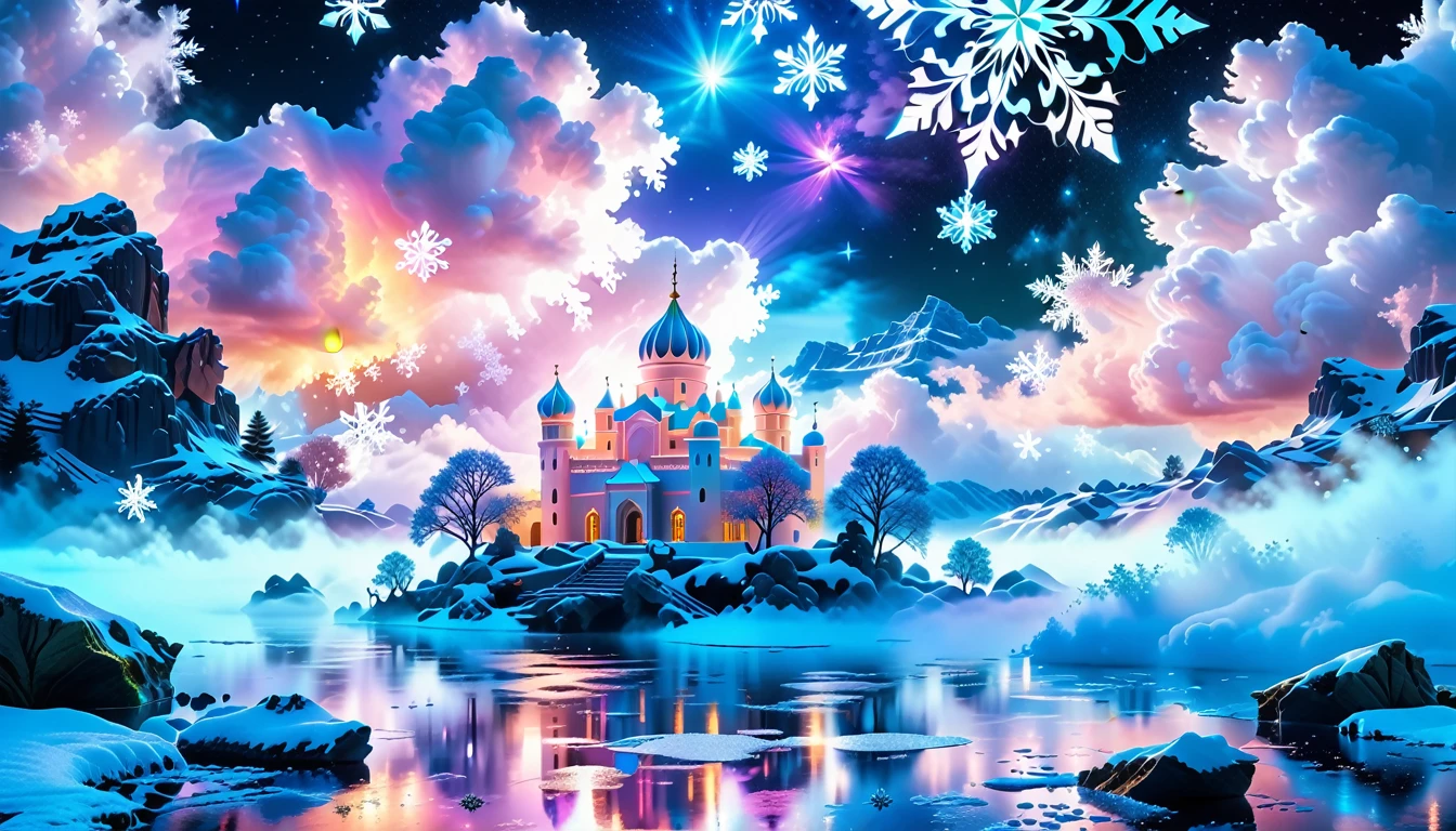 A Masterpiece In 32K Resolution: Supreme Quality, Super Detail, Official Art, Very High-Resolution 32K Wallpaper, Beautiful And Aesthetic, Ultra-Detailed Features, Awe-Inspiring Detail. Winter Wonderland (A Surreal Fantasy Landscape). Step Into A Dreamy Realm Where A Surreal Winter Landscape Unfolds, Featuring A Fairy-Tale Island Floating Amidst Whimsical Clouds. Colorful Snowflakes Dance Through The Air, And A Majestic Palace, Draped In Glistening Snow, Stands As The Centerpiece. Nearby, The Tree Of Life Blossoms With Vibrant Vitality, Symbolizing Hope And Renewal. The Night Sky Twinkles With Radiant Stars, While Layers Of Ethereal Clouds And Mist Create An Enchanting Atmosphere. This Breathtaking Scene Captures The Essence Of Magical Fantasy, Beautifully Rendered. Experience The Intricate Details Of This Epic Dreamlike Landscape, Where Every Element - From The Enchanting Floating Fairy Island To The Mystical Scenery And World Of Wonder.