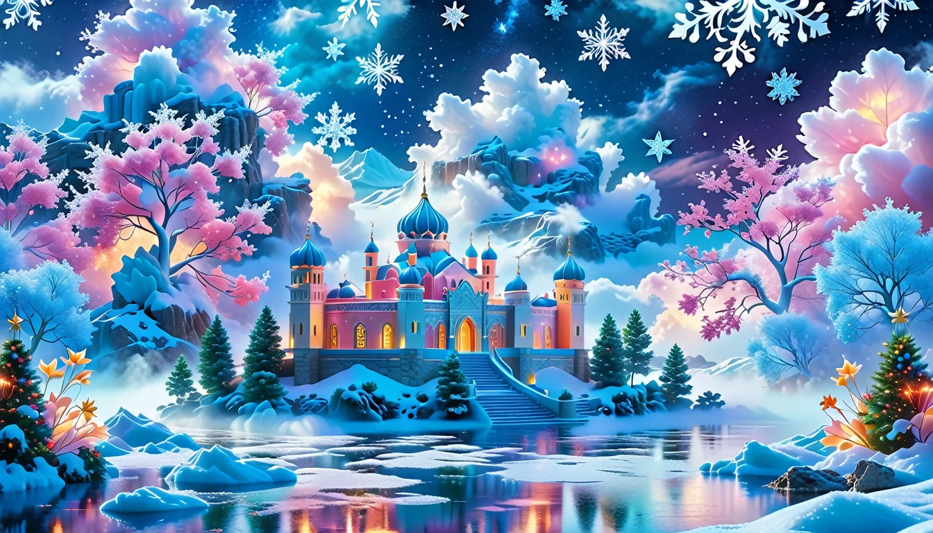 A Masterpiece In 32K Resolution: Supreme Quality, Super Detail, Official Art, Very High-Resolution 32K Wallpaper, Beautiful And Aesthetic, Ultra-Detailed Features, Awe-Inspiring Detail. Winter Wonderland (A Surreal Fantasy Landscape). Step Into A Dreamy Realm Where A Surreal Winter Landscape Unfolds, Featuring A Fairy-Tale Island Floating Amidst Whimsical Clouds. Colorful Snowflakes Dance Through The Air, And A Majestic Palace, Draped In Glistening Snow, Stands As The Centerpiece. Nearby, The Tree Of Life Blossoms With Vibrant Vitality, Symbolizing Hope And Renewal. The Night Sky Twinkles With Radiant Stars, While Layers Of Ethereal Clouds And Mist Create An Enchanting Atmosphere. This Breathtaking Scene Captures The Essence Of Magical Fantasy, Beautifully Rendered. Experience The Intricate Details Of This Epic Dreamlike Landscape, Where Every Element - From The Enchanting Floating Fairy Island To The Mystical Scenery And World Of Wonder.