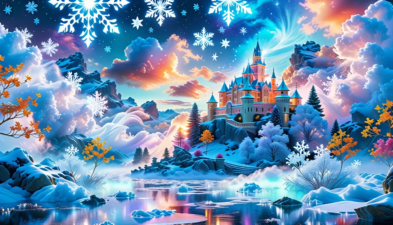 A Masterpiece In 32K Resolution: Supreme Quality, Super Detail, Official Art, Very High-Resolution 32K Wallpaper, Beautiful And Aesthetic, Ultra-Detailed Features, Awe-Inspiring Detail. Winter Wonderland (A Surreal Fantasy Landscape). Step Into A Dreamy Realm Where A Surreal Winter Landscape Unfolds, Featuring A Fairy-Tale Island Floating Amidst Whimsical Clouds. Colorful Snowflakes Dance Through The Air, And A Majestic Palace, Draped In Glistening Snow, Stands As The Centerpiece. Nearby, The Tree Of Life Blossoms With Vibrant Vitality, Symbolizing Hope And Renewal. The Night Sky Twinkles With Radiant Stars, While Layers Of Ethereal Clouds And Mist Create An Enchanting Atmosphere. This Breathtaking Scene Captures The Essence Of Magical Fantasy, Beautifully Rendered. Experience The Intricate Details Of This Epic Dreamlike Landscape, Where Every Element - From The Enchanting Floating Fairy Island To The Mystical Scenery And World Of Wonder.