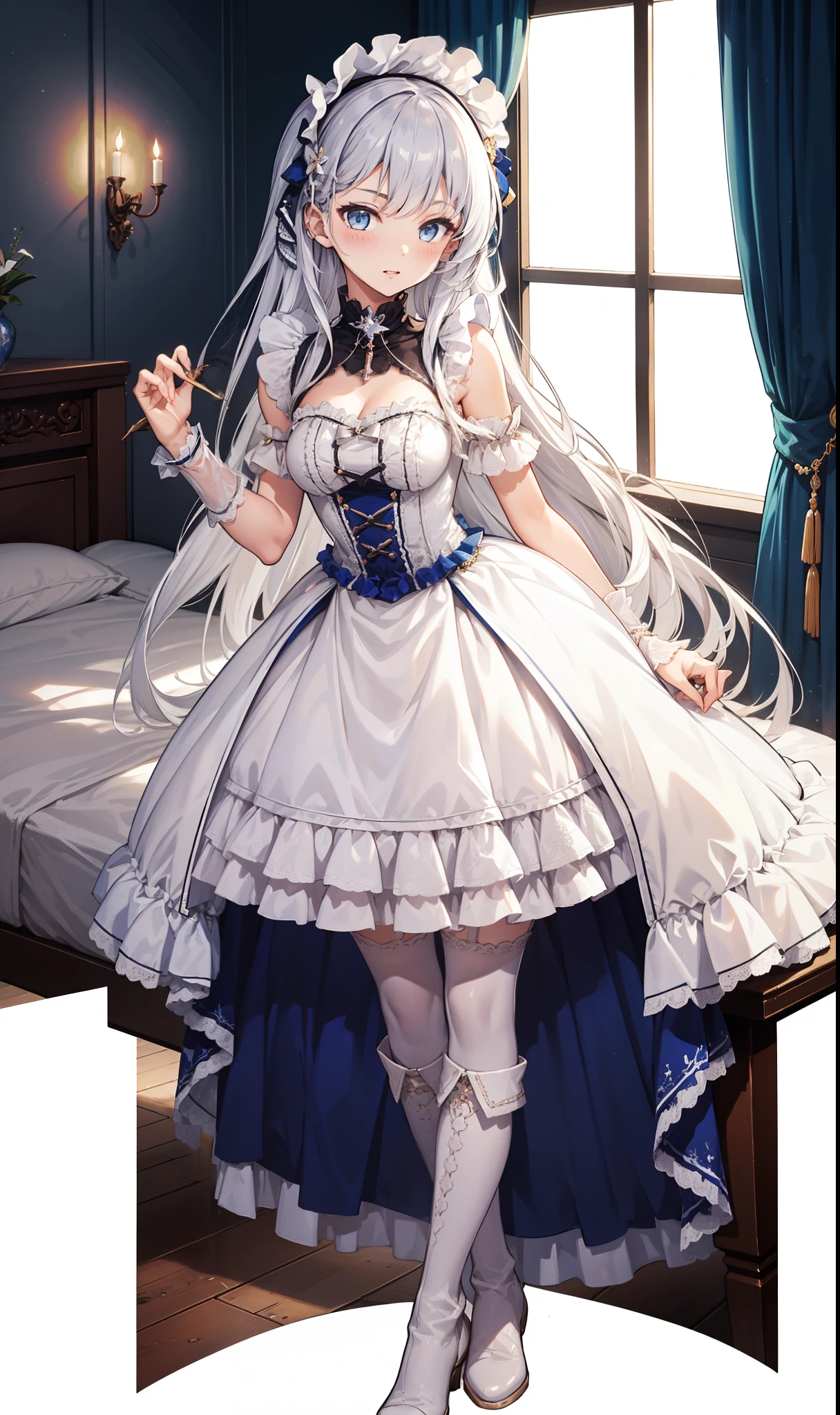 goddess，obsessed，have fun，in love，(White transparent maid uniform，With a long skirt)，Silver Hair，blue eyes，Transparent Clothes，Exquisite hair accessories，Transparent lace，Sky blue pattern，night，Dress nicely，bedroom，solitary，night，Engraved suspender boots，Beautiful face，Garter stockings，illustrious (maiden lily's radiance) (azur lane)，sfw