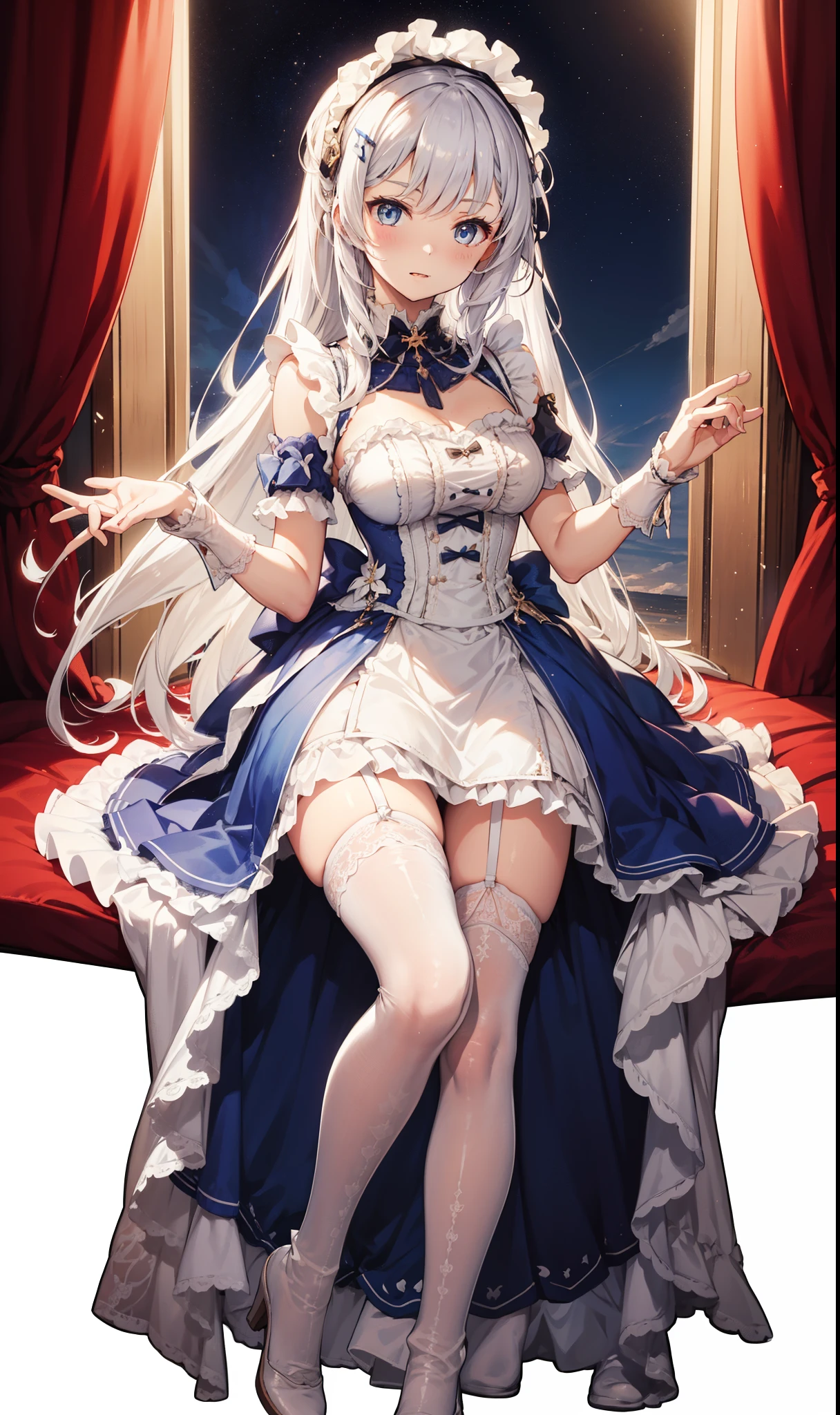 goddess，obsessed，have fun，in love，(White transparent maid uniform，With a long skirt)，Silver Hair，blue eyes，Transparent Clothes，Exquisite hair accessories，Transparent lace，Sky blue pattern，night，Dress nicely，bedroom，solitary，night，Engraved suspender boots，Beautiful face，Garter stockings，illustrious (maiden lily's radiance) (azur lane)，sfw